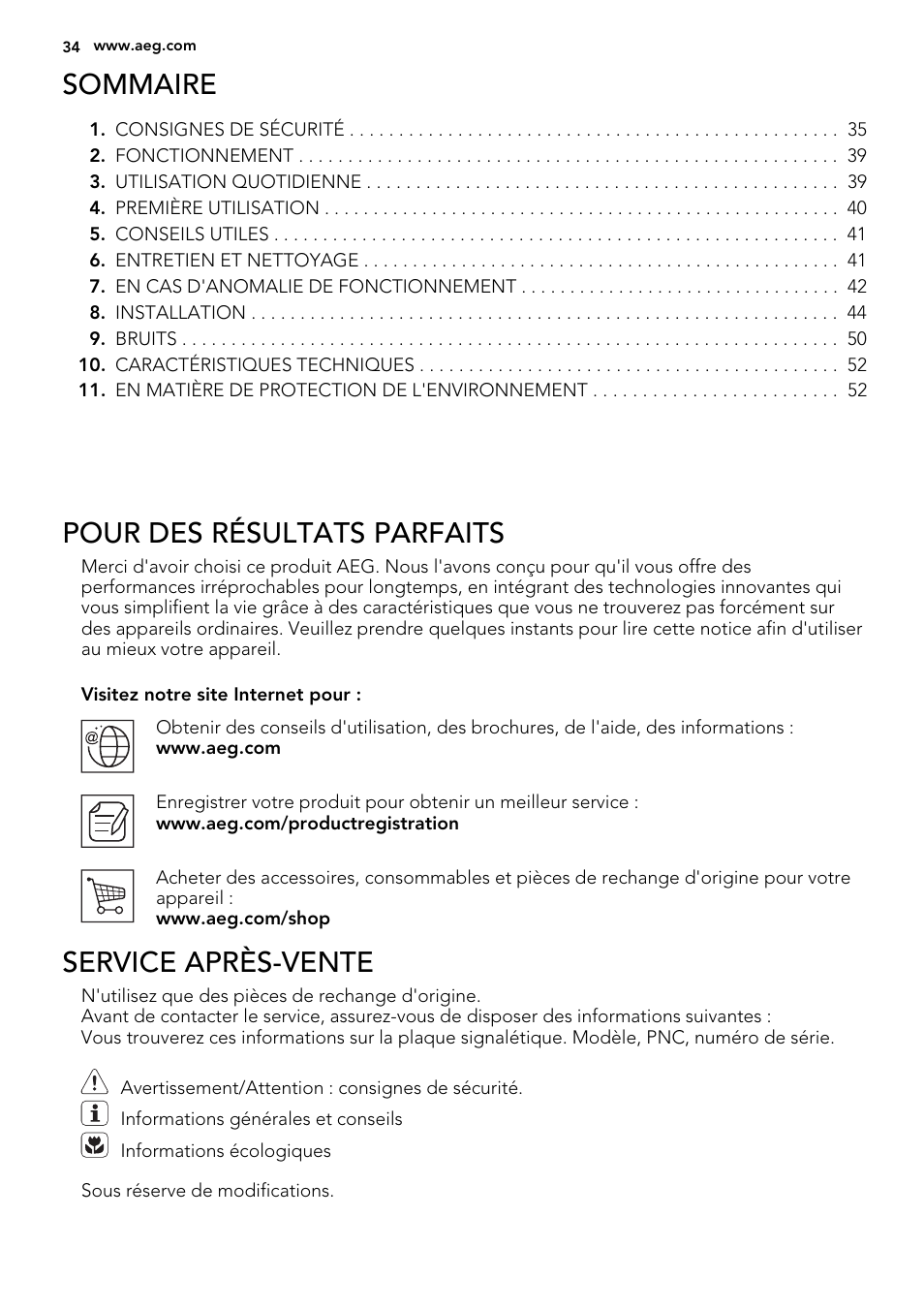 Sommaire, Pour des résultats parfaits, Service après-vente | AEG SKS51200S0 User Manual | Page 34 / 88