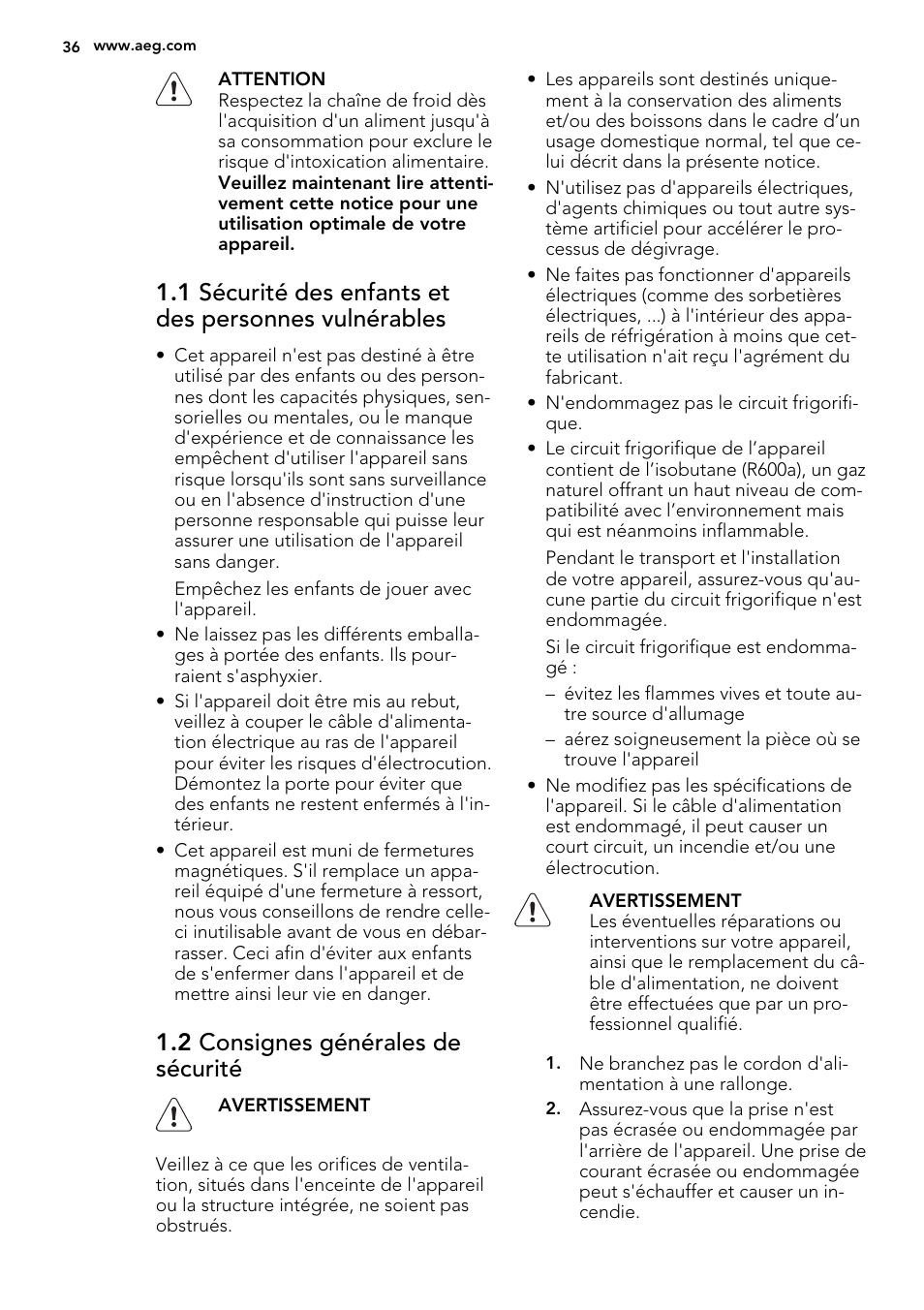 2 consignes générales de sécurité | AEG SKS51200S0 User Manual | Page 36 / 88