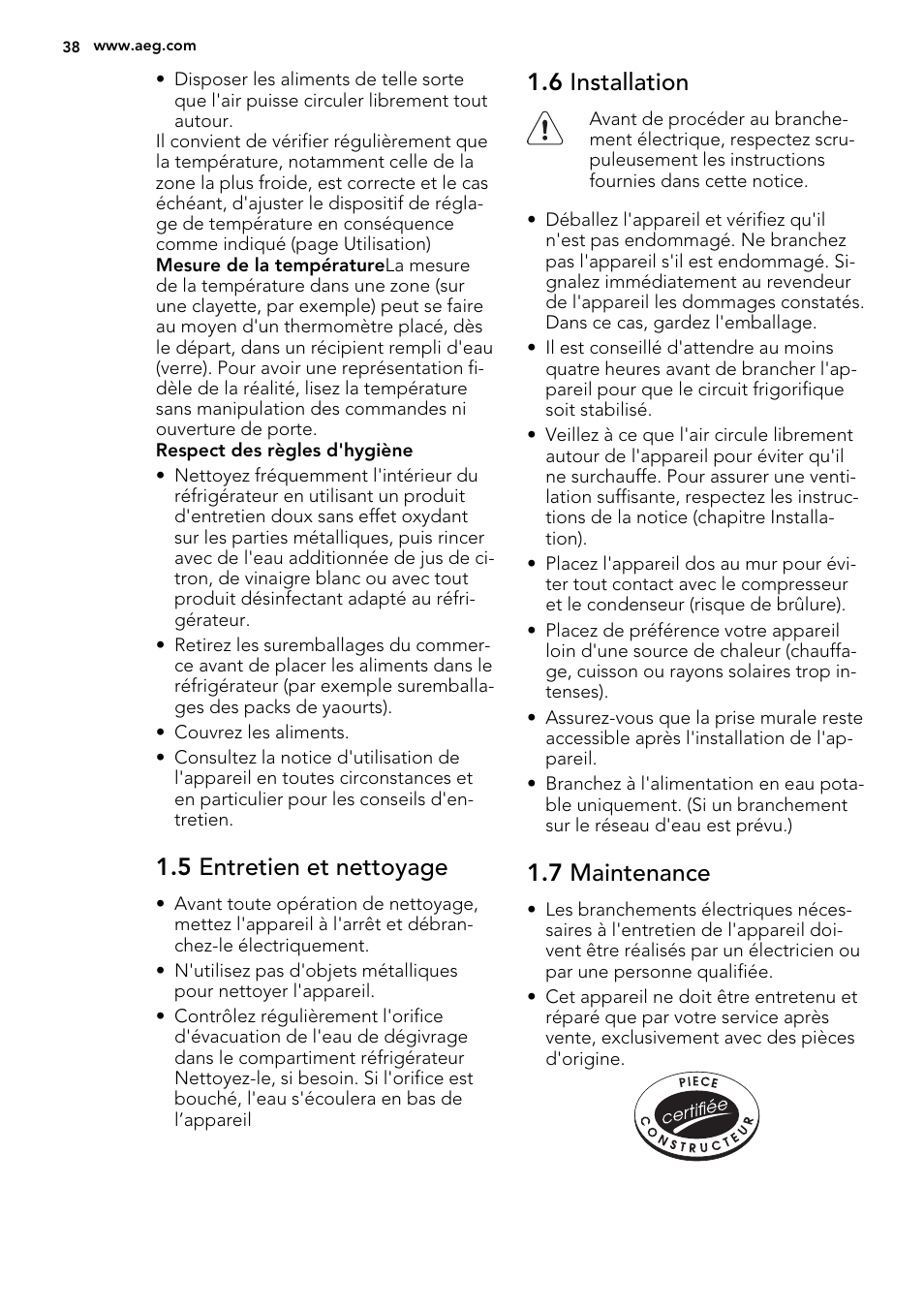 5 entretien et nettoyage, 6 installation, 7 maintenance | AEG SKS51200S0 User Manual | Page 38 / 88