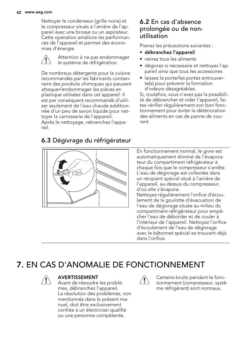 En cas d'anomalie de fonctionnement, 3 dégivrage du réfrigérateur | AEG SKS51200S0 User Manual | Page 42 / 88