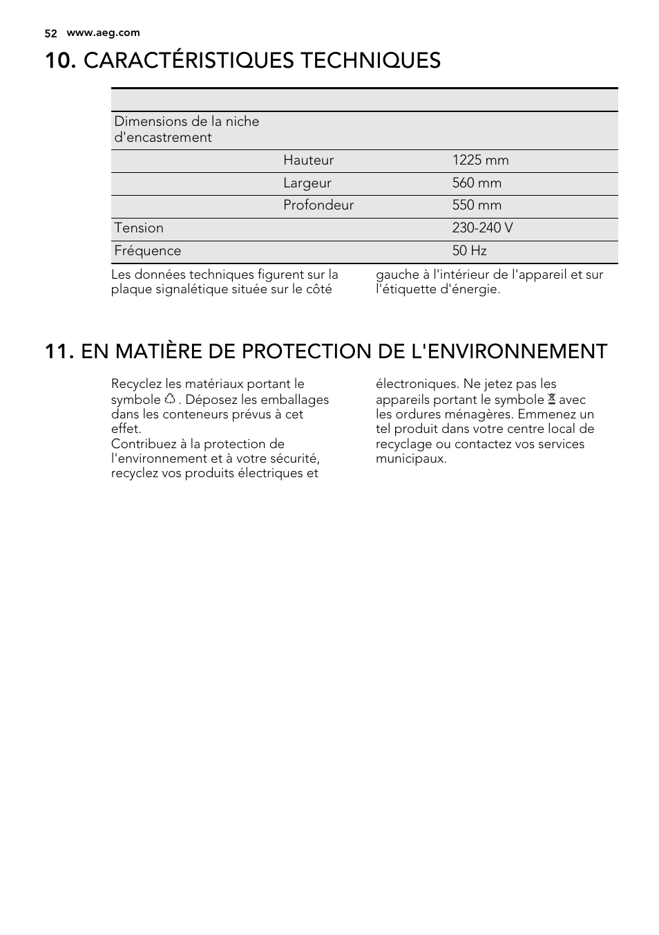 Caractéristiques techniques, En matière de protection de l'environnement | AEG SKS51200S0 User Manual | Page 52 / 88