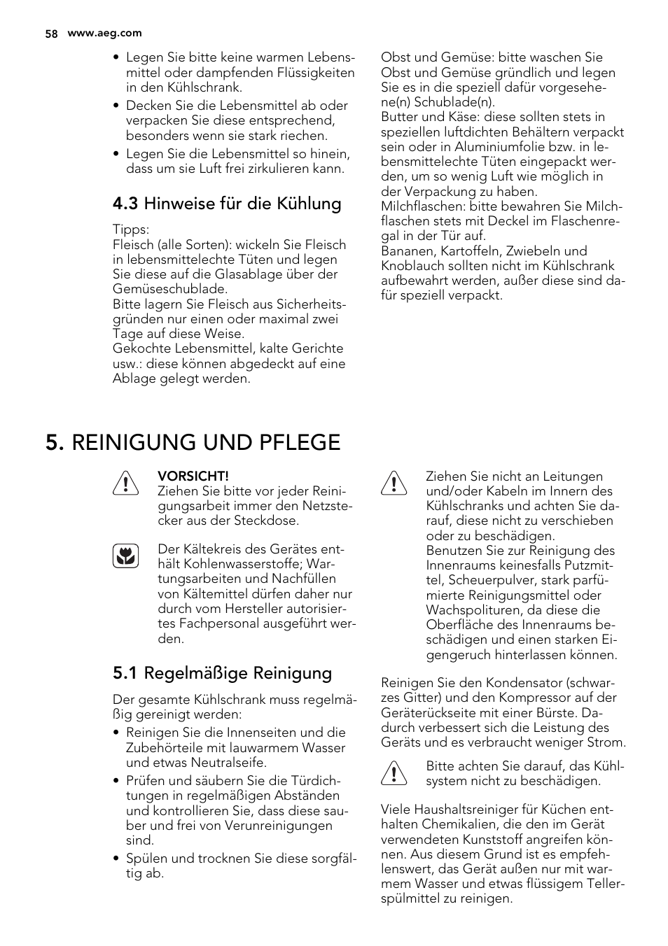 Reinigung und pflege, 3 hinweise für die kühlung, 1 regelmäßige reinigung | AEG SKS51200S0 User Manual | Page 58 / 88