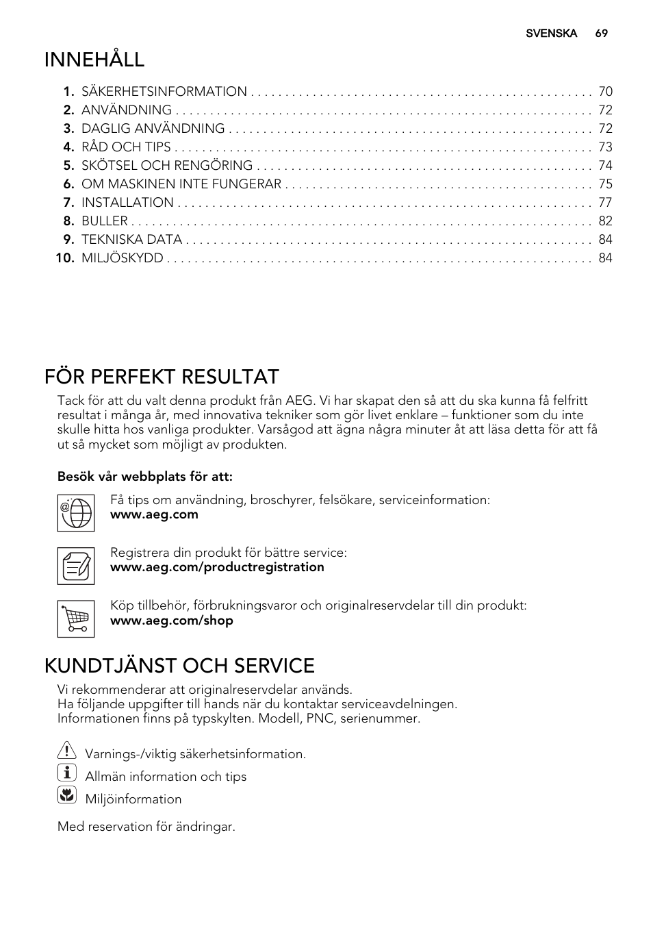 Innehåll, För perfekt resultat, Kundtjänst och service | AEG SKS51200S0 User Manual | Page 69 / 88