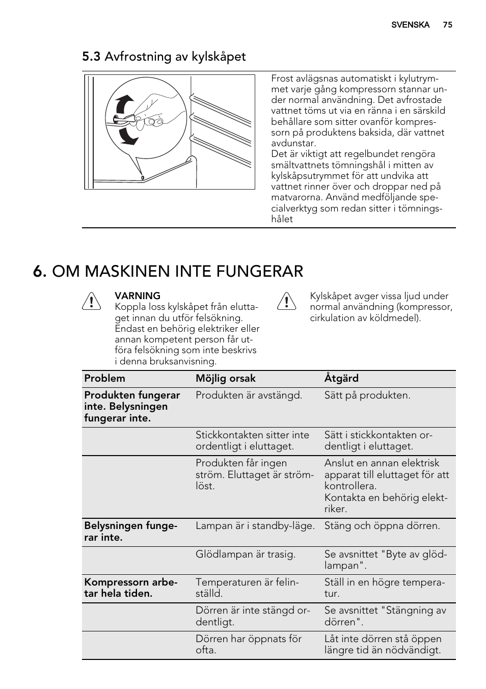 Om maskinen inte fungerar, 3 avfrostning av kylskåpet | AEG SKS51200S0 User Manual | Page 75 / 88