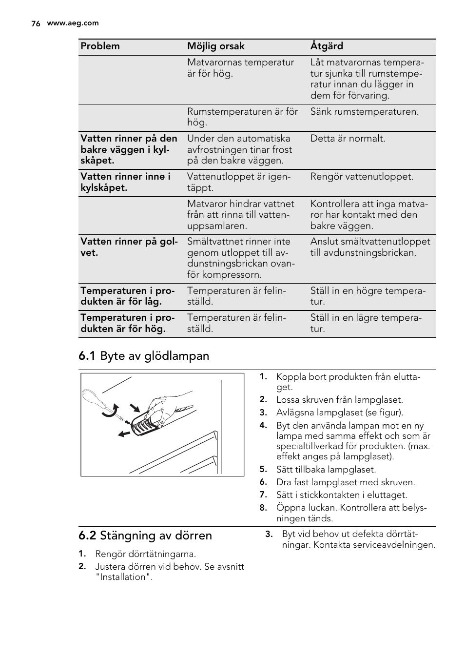 1 byte av glödlampan, 2 stängning av dörren | AEG SKS51200S0 User Manual | Page 76 / 88