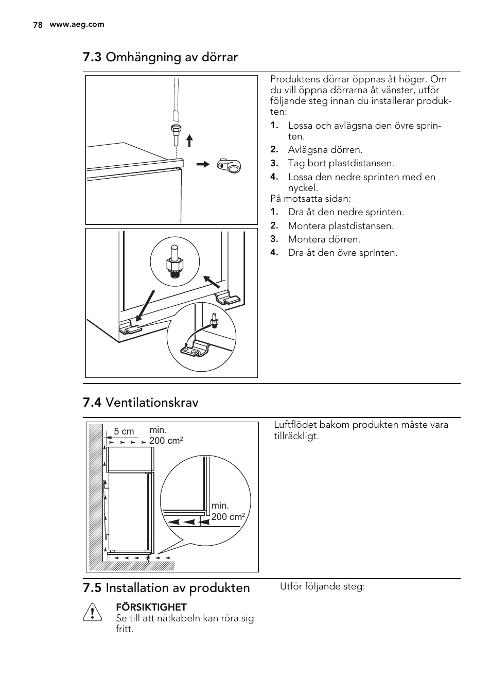 3 omhängning av dörrar, 4 ventilationskrav, 5 installation av produkten | AEG SKS51200S0 User Manual | Page 78 / 88