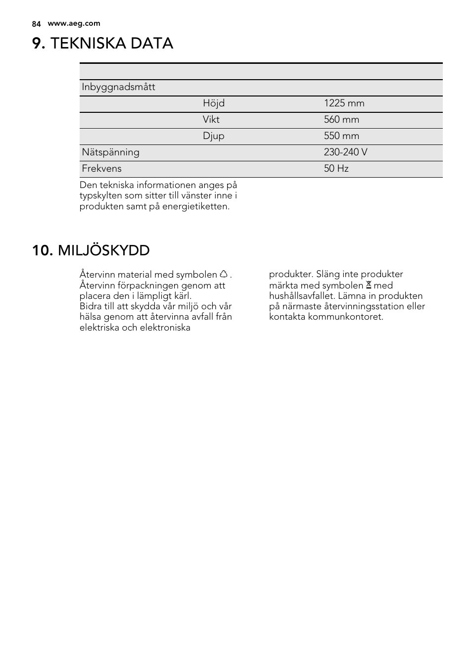 Tekniska data, Miljöskydd | AEG SKS51200S0 User Manual | Page 84 / 88