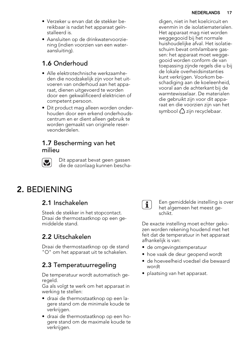 Bediening, 6 onderhoud, 7 bescherming van het milieu | 1 inschakelen, 2 uitschakelen, 3 temperatuurregeling | AEG SKS51240S0 User Manual | Page 17 / 84