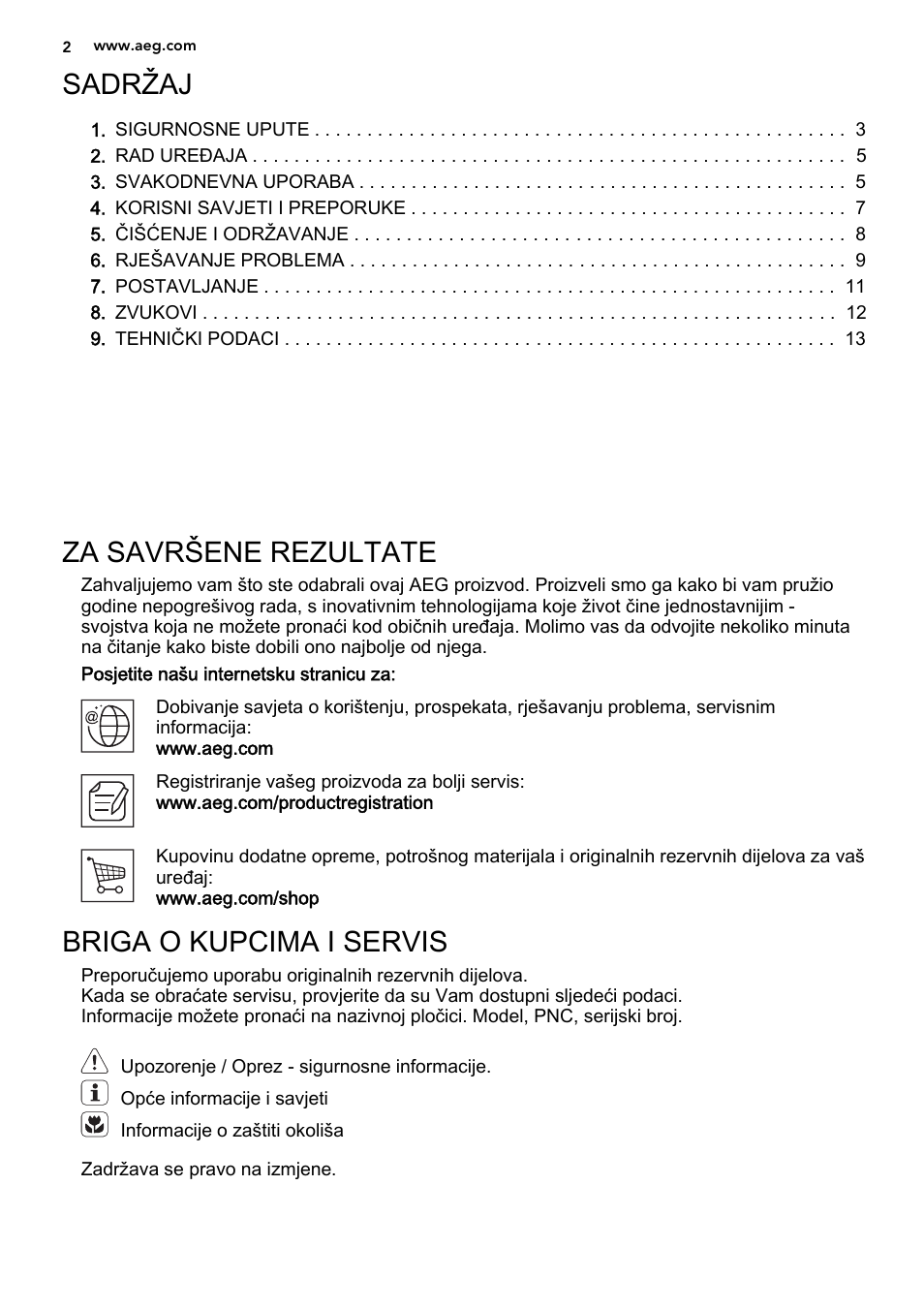 Sadržaj, Za savršene rezultate, Briga o kupcima i servis | AEG SKS51240S0 User Manual | Page 2 / 84