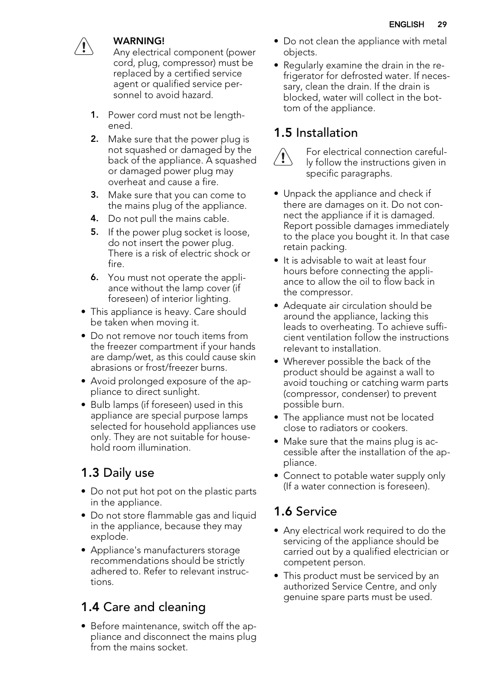 3 daily use, 4 care and cleaning, 5 installation | 6 service | AEG SKS51240S0 User Manual | Page 29 / 84