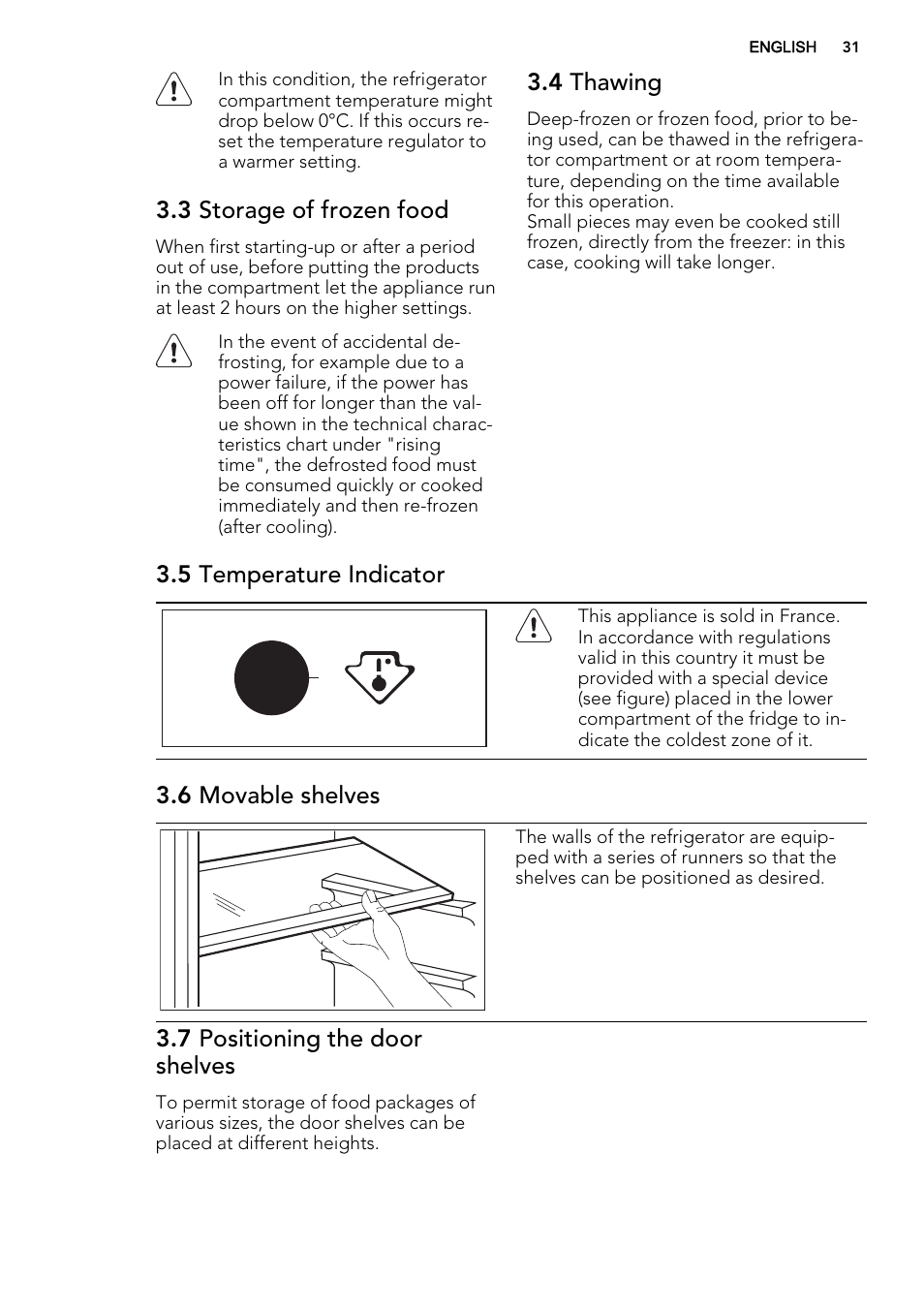 3 storage of frozen food, 4 thawing, 5 temperature indicator | 6 movable shelves, 7 positioning the door shelves | AEG SKS51240S0 User Manual | Page 31 / 84