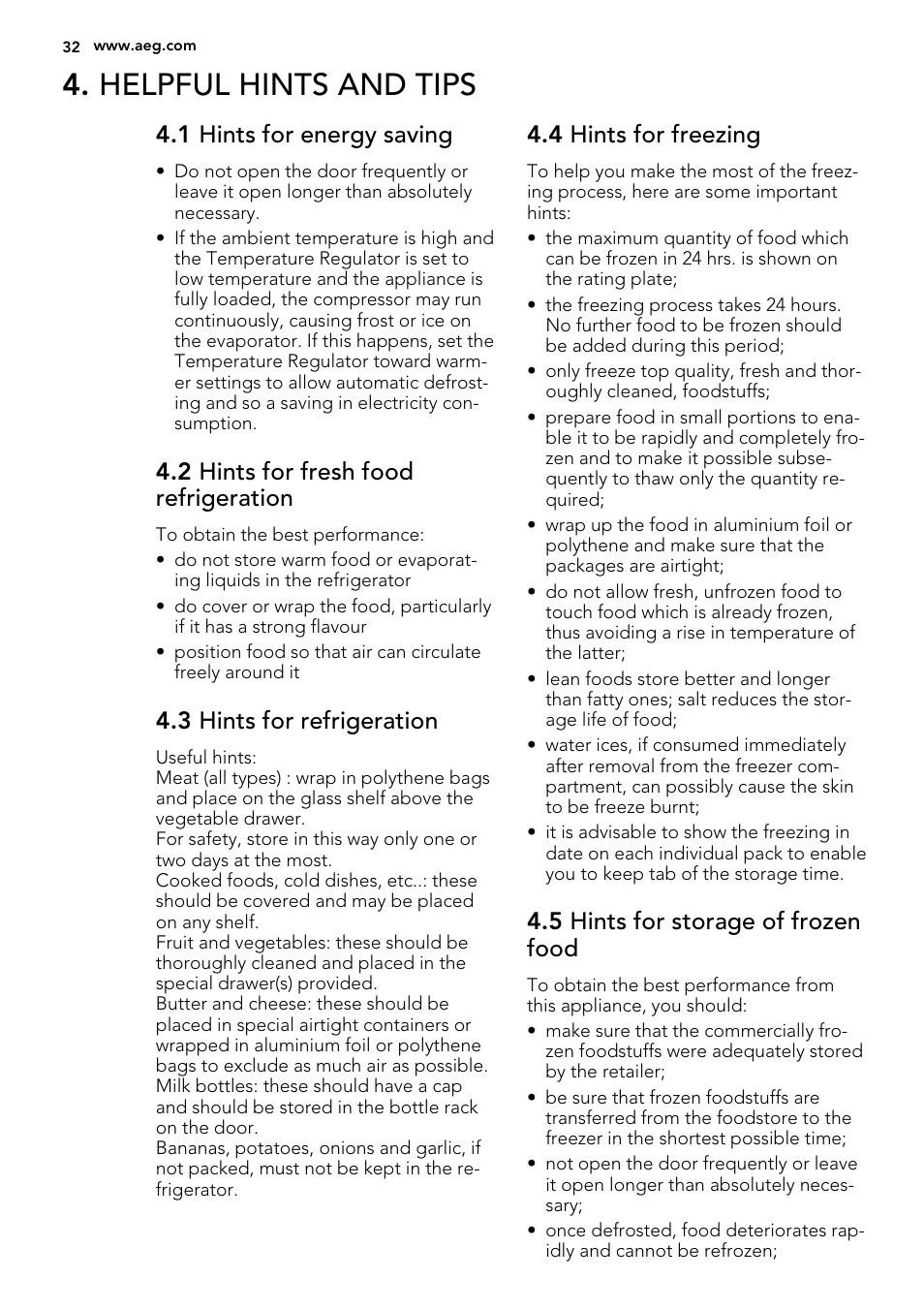 Helpful hints and tips, 1 hints for energy saving, 2 hints for fresh food refrigeration | 3 hints for refrigeration, 4 hints for freezing, 5 hints for storage of frozen food | AEG SKS51240S0 User Manual | Page 32 / 84