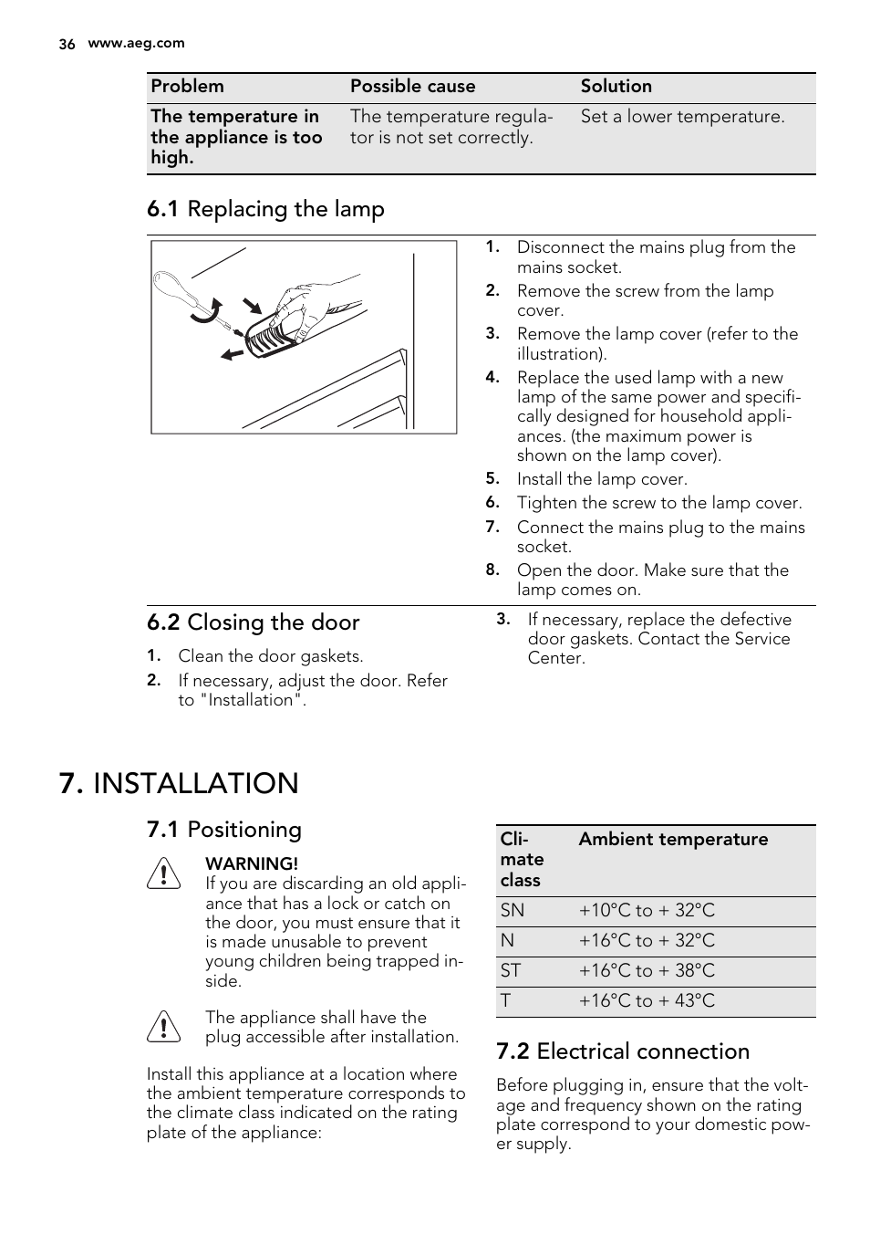 Installation, 1 replacing the lamp, 2 closing the door | 1 positioning, 2 electrical connection | AEG SKS51240S0 User Manual | Page 36 / 84