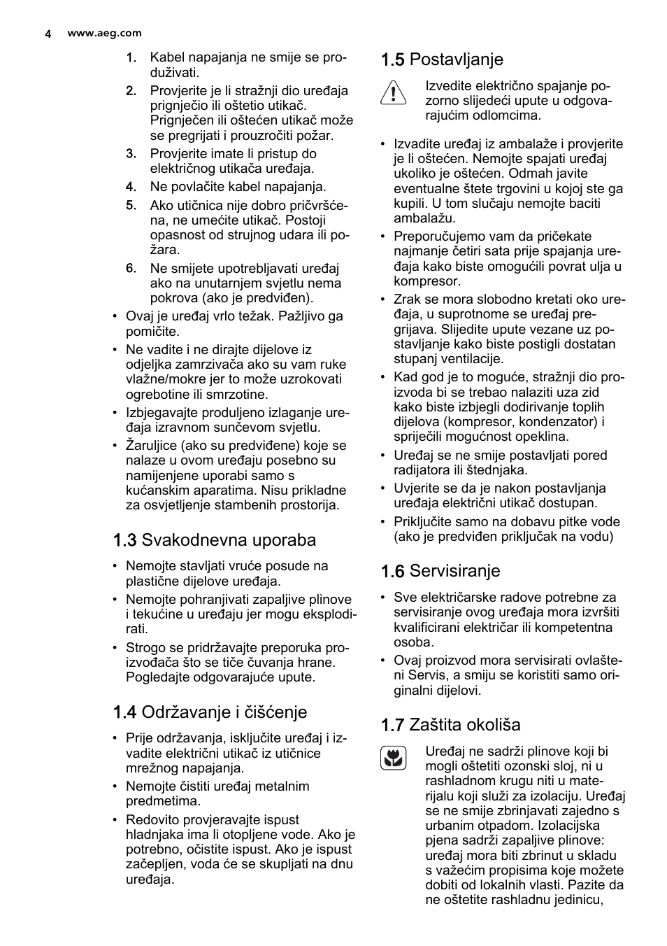 3 svakodnevna uporaba, 4 održavanje i čišćenje, 5 postavljanje | 6 servisiranje, 7 zaštita okoliša | AEG SKS51240S0 User Manual | Page 4 / 84