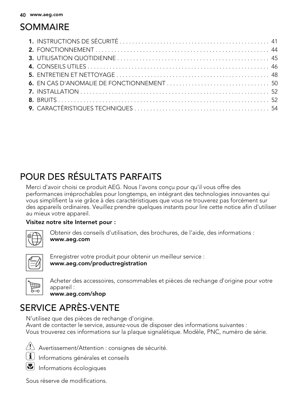 Sommaire, Pour des résultats parfaits, Service après-vente | AEG SKS51240S0 User Manual | Page 40 / 84