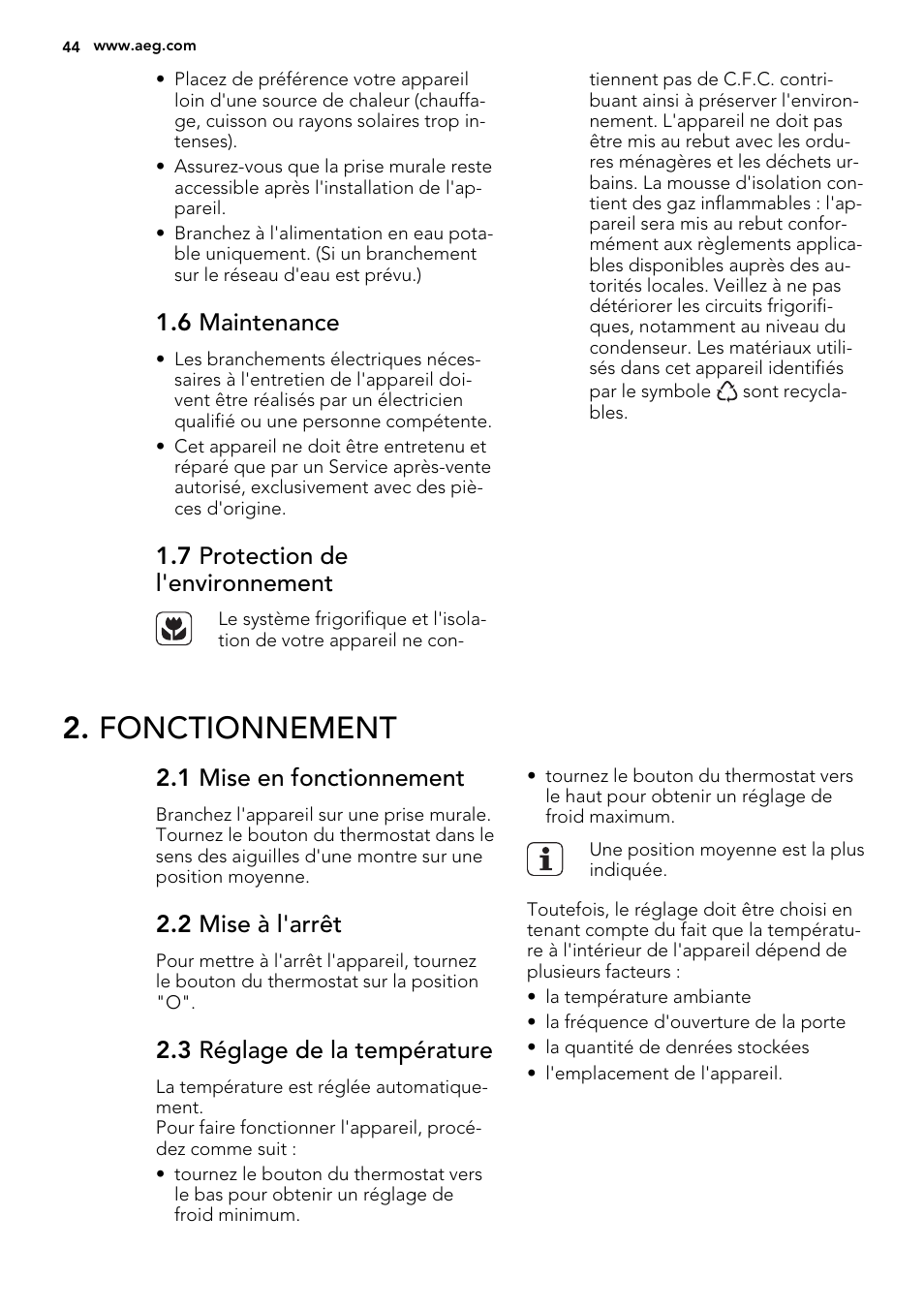 Fonctionnement, 6 maintenance, 7 protection de l'environnement | 1 mise en fonctionnement, 2 mise à l'arrêt, 3 réglage de la température | AEG SKS51240S0 User Manual | Page 44 / 84