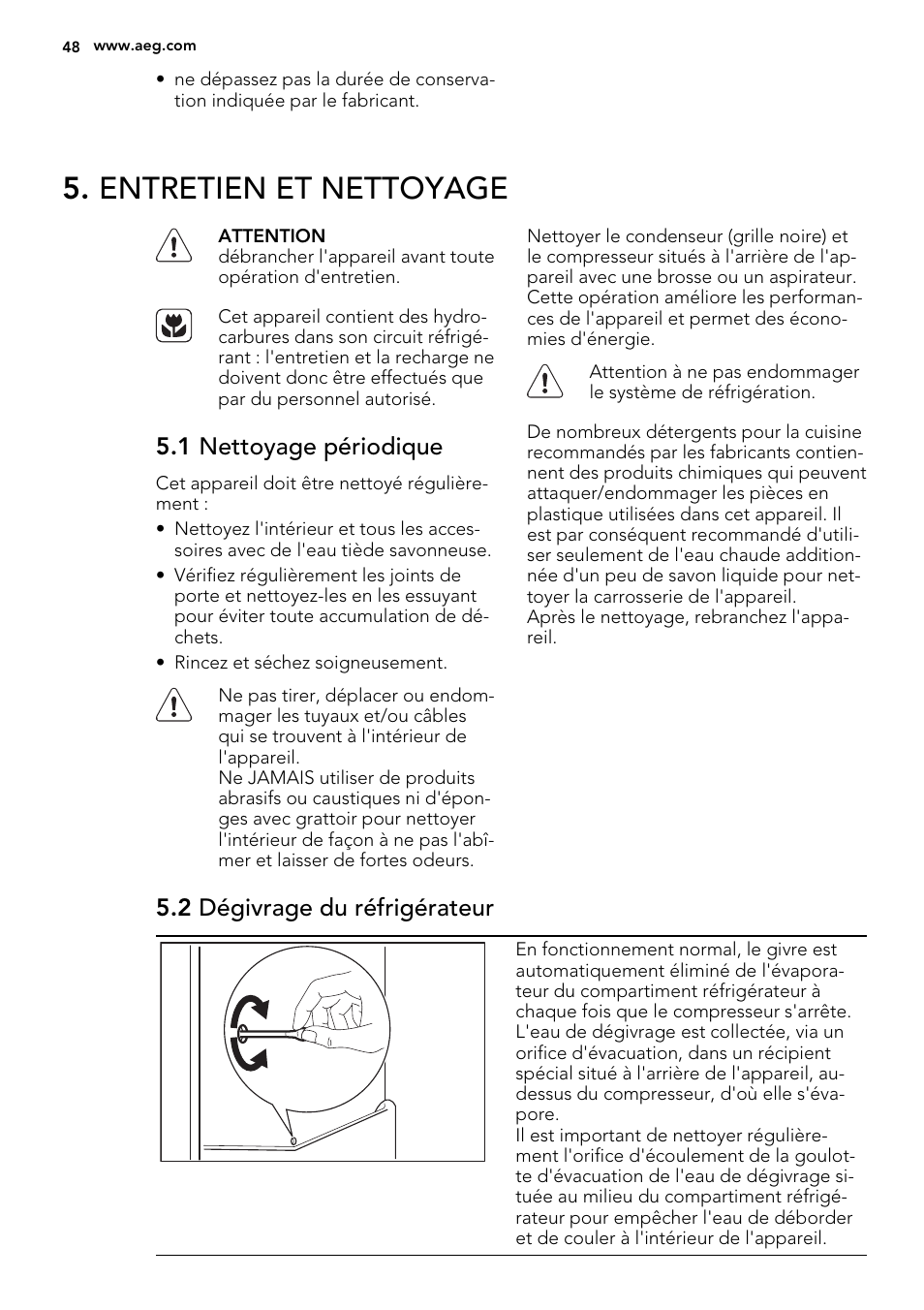 Entretien et nettoyage, 1 nettoyage périodique, 2 dégivrage du réfrigérateur | AEG SKS51240S0 User Manual | Page 48 / 84