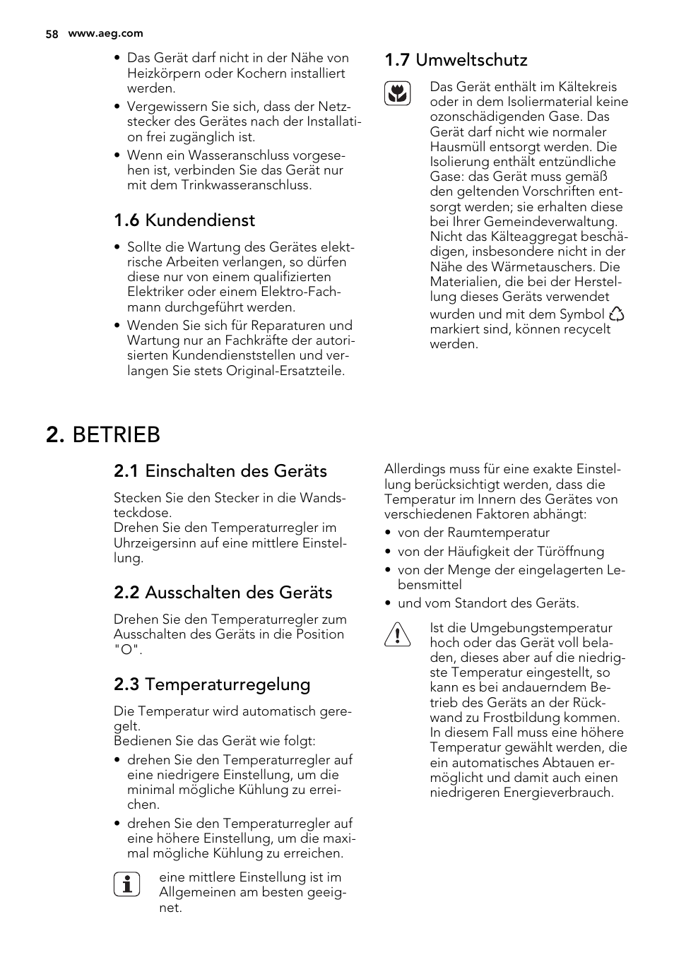 Betrieb, 6 kundendienst, 7 umweltschutz | 1 einschalten des geräts, 2 ausschalten des geräts, 3 temperaturregelung | AEG SKS51240S0 User Manual | Page 58 / 84