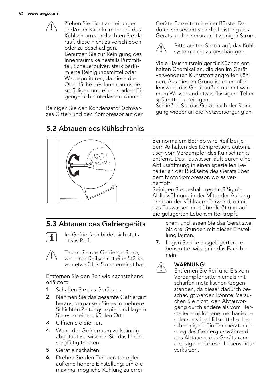 2 abtauen des kühlschranks, 3 abtauen des gefriergeräts | AEG SKS51240S0 User Manual | Page 62 / 84