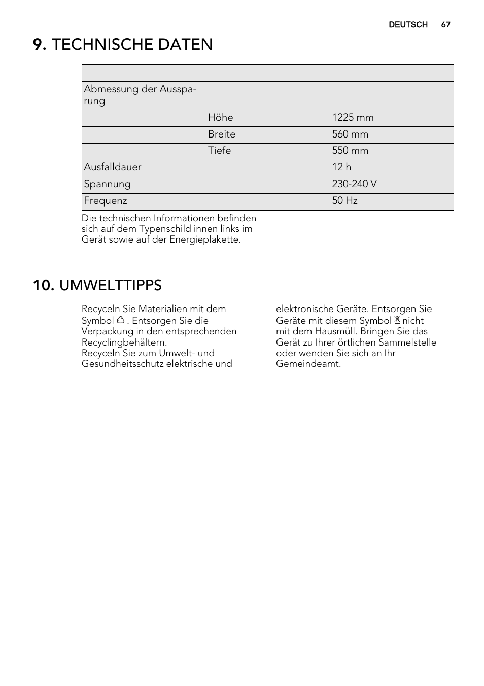 Technische daten, Umwelttipps | AEG SKS51240S0 User Manual | Page 67 / 84