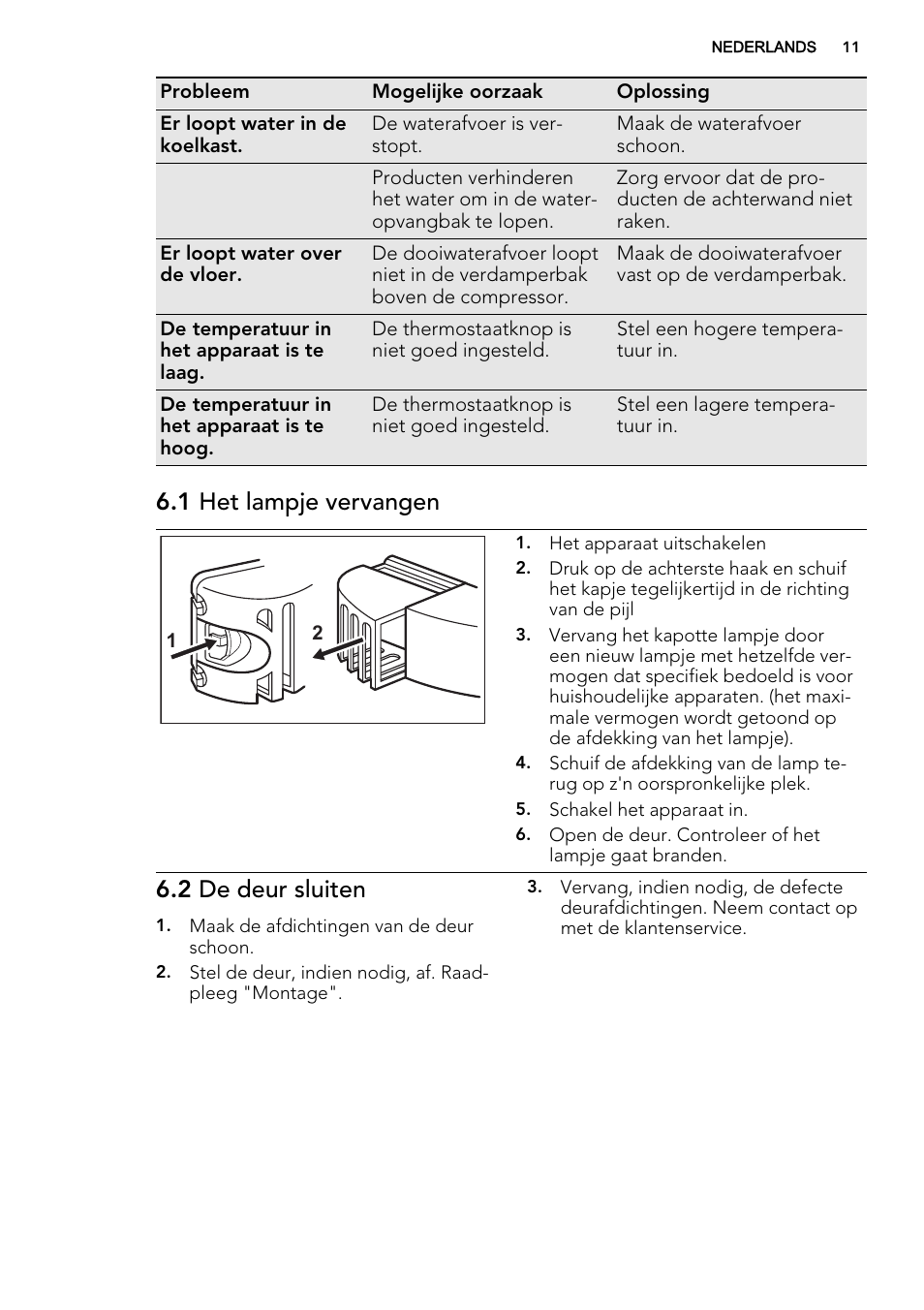1 het lampje vervangen, 2 de deur sluiten | AEG SKS51240F0 User Manual | Page 11 / 68