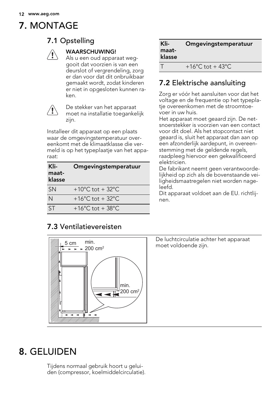 Montage, Geluiden, 1 opstelling | 2 elektrische aansluiting, 3 ventilatievereisten | AEG SKS51240F0 User Manual | Page 12 / 68
