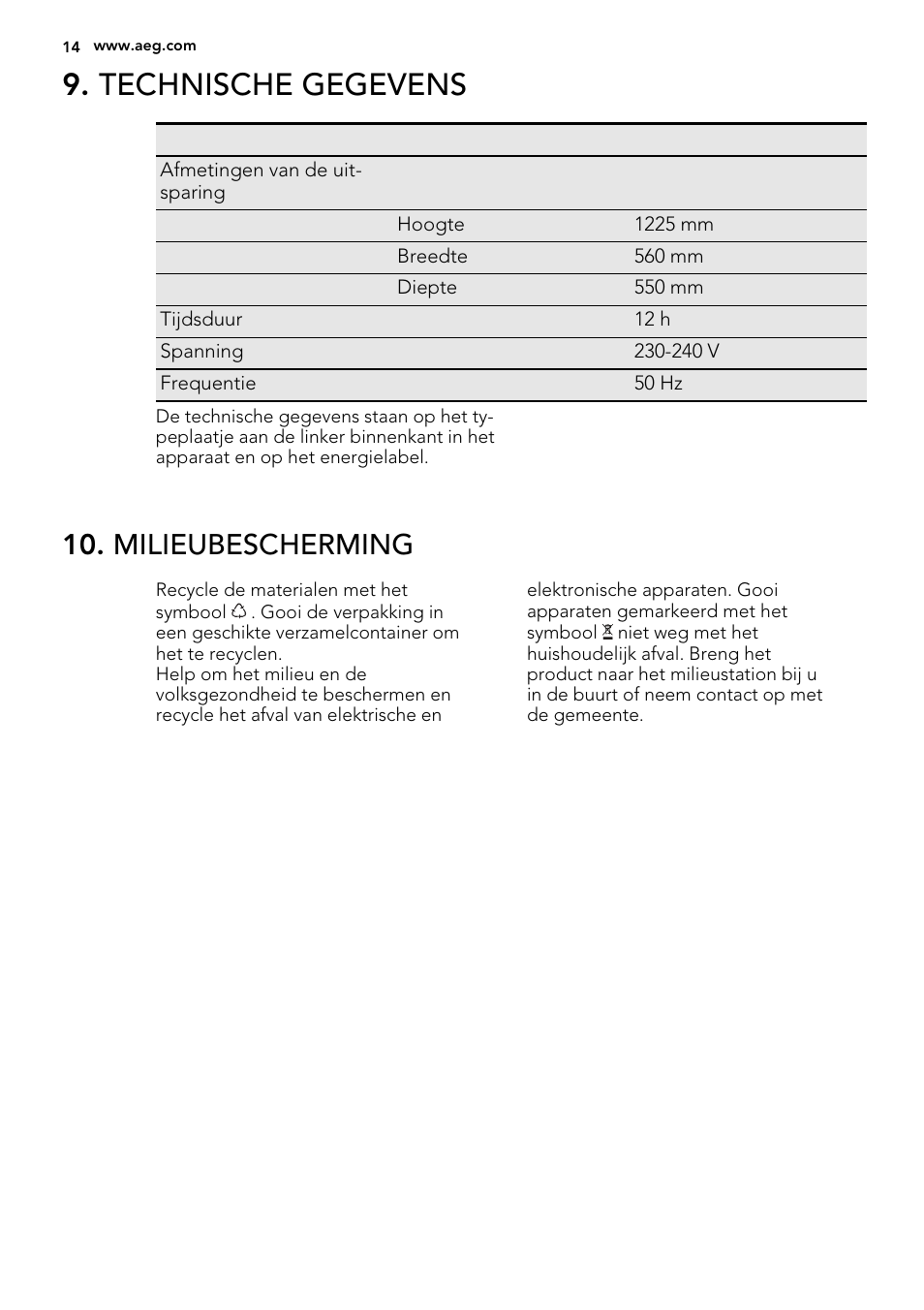 Technische gegevens, Milieubescherming | AEG SKS51240F0 User Manual | Page 14 / 68