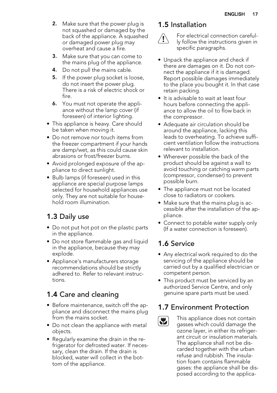 3 daily use, 4 care and cleaning, 5 installation | 6 service, 7 environment protection | AEG SKS51240F0 User Manual | Page 17 / 68