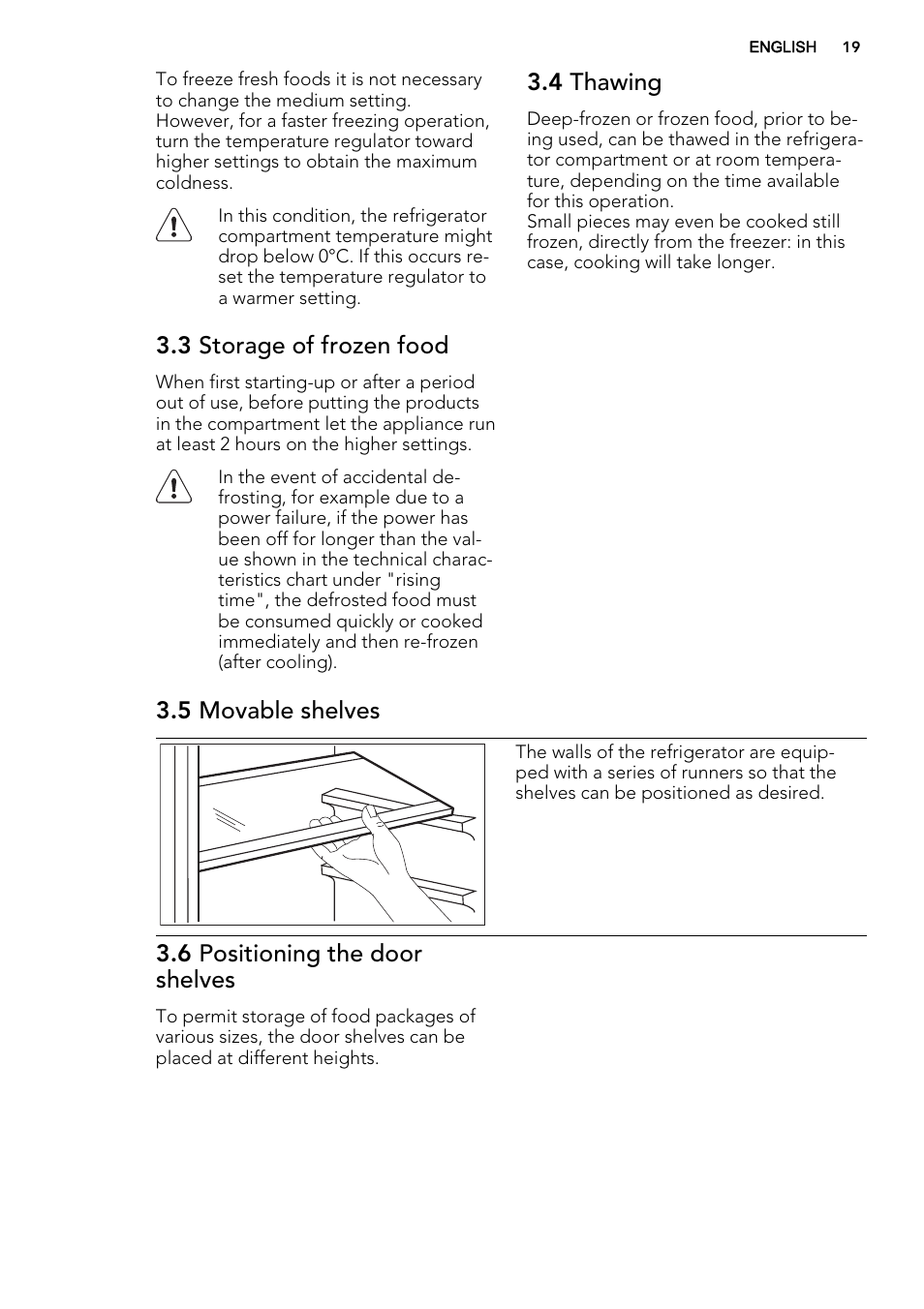 3 storage of frozen food, 4 thawing, 5 movable shelves | 6 positioning the door shelves | AEG SKS51240F0 User Manual | Page 19 / 68