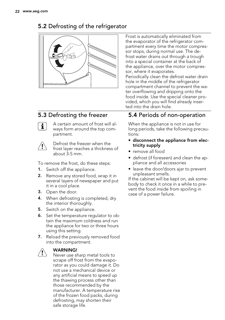 2 defrosting of the refrigerator, 3 defrosting the freezer, 4 periods of non-operation | AEG SKS51240F0 User Manual | Page 22 / 68