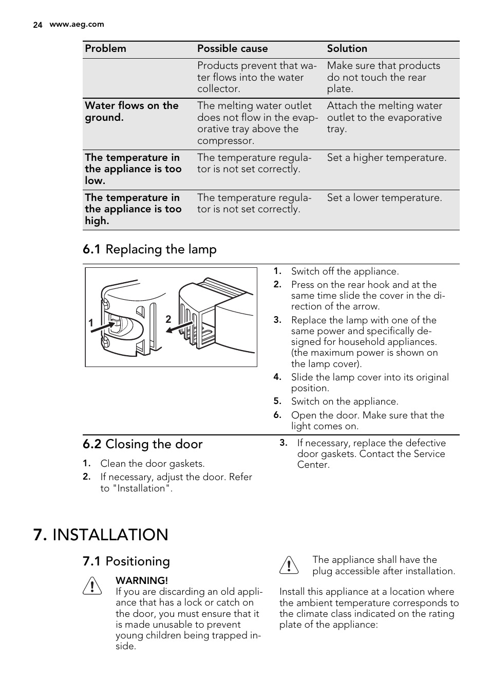 Installation, 1 replacing the lamp, 2 closing the door | 1 positioning | AEG SKS51240F0 User Manual | Page 24 / 68