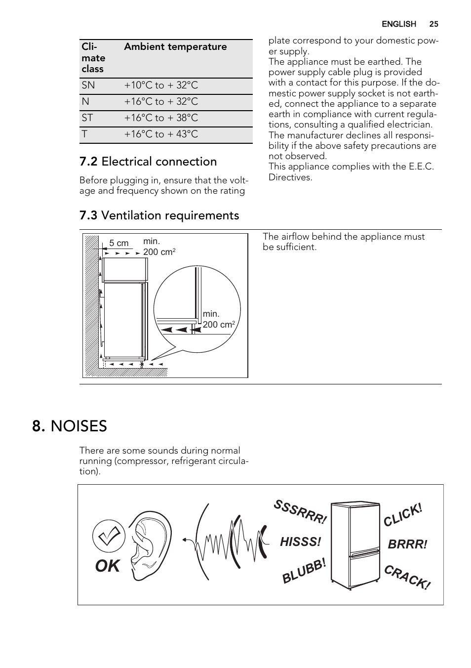 Noises, 2 electrical connection, 3 ventilation requirements | Brrr, Hisss! click! blubb! crack! sssrr | AEG SKS51240F0 User Manual | Page 25 / 68