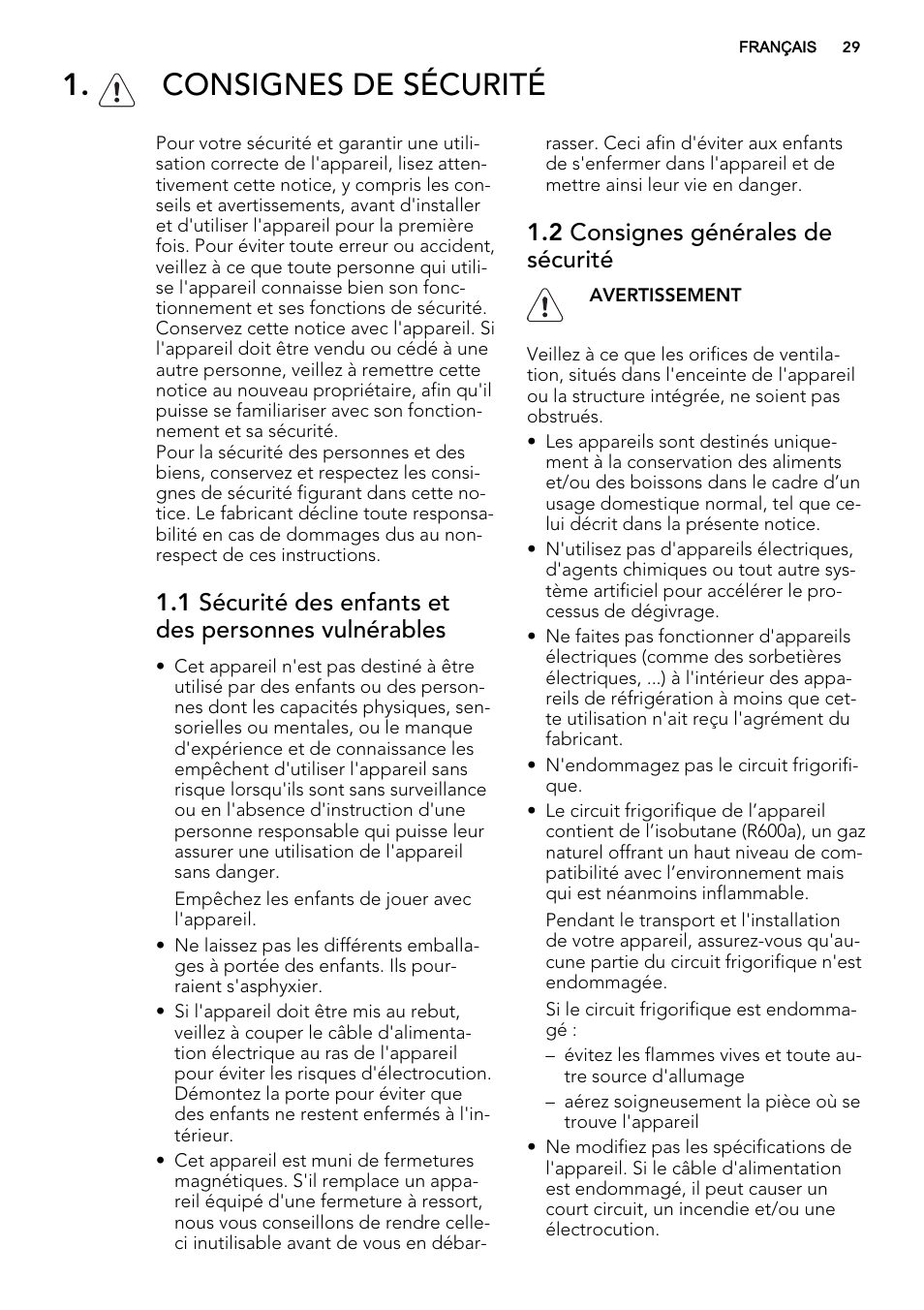 Consignes de sécurité, 2 consignes générales de sécurité | AEG SKS51240F0 User Manual | Page 29 / 68