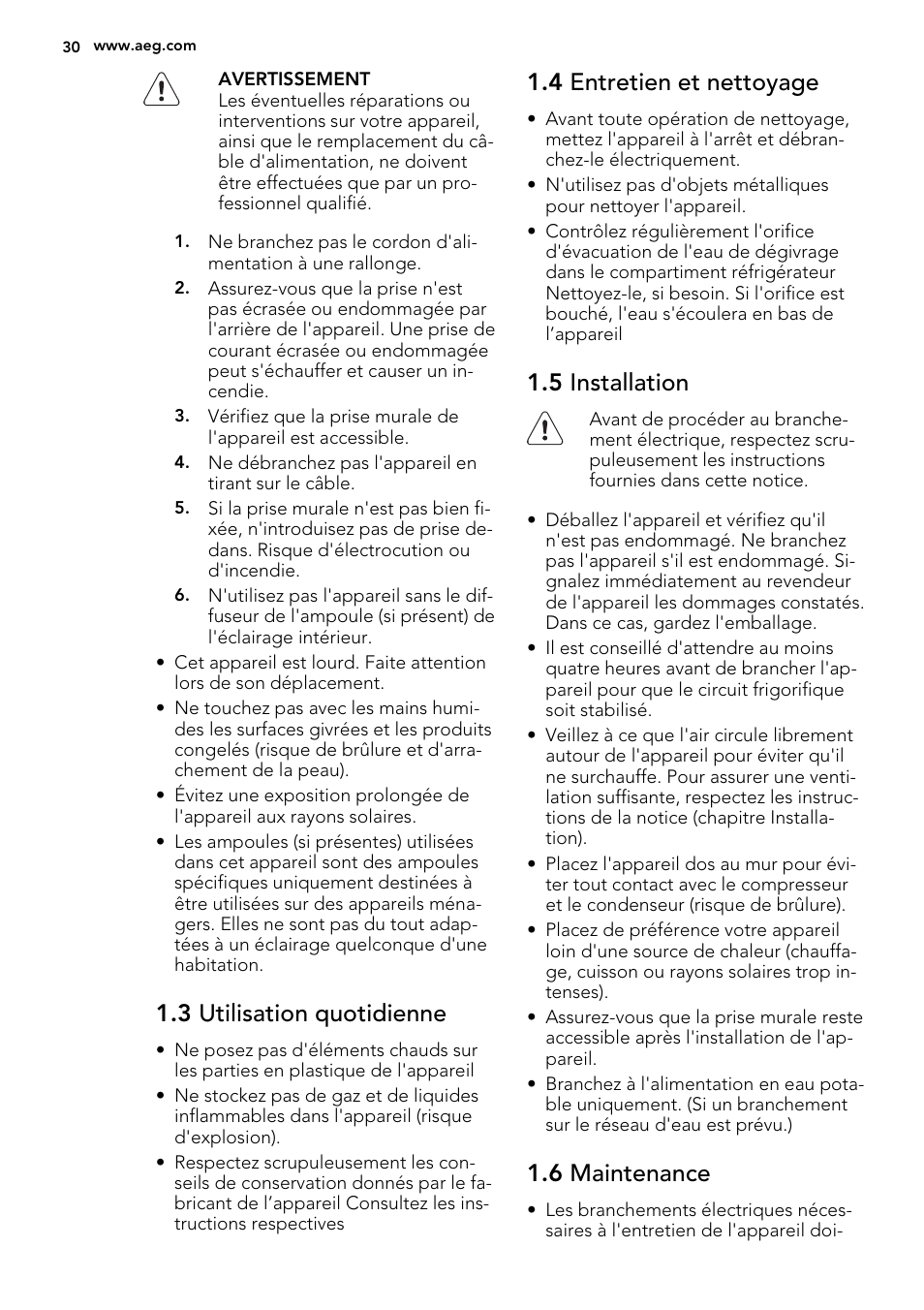 3 utilisation quotidienne, 4 entretien et nettoyage, 5 installation | 6 maintenance | AEG SKS51240F0 User Manual | Page 30 / 68