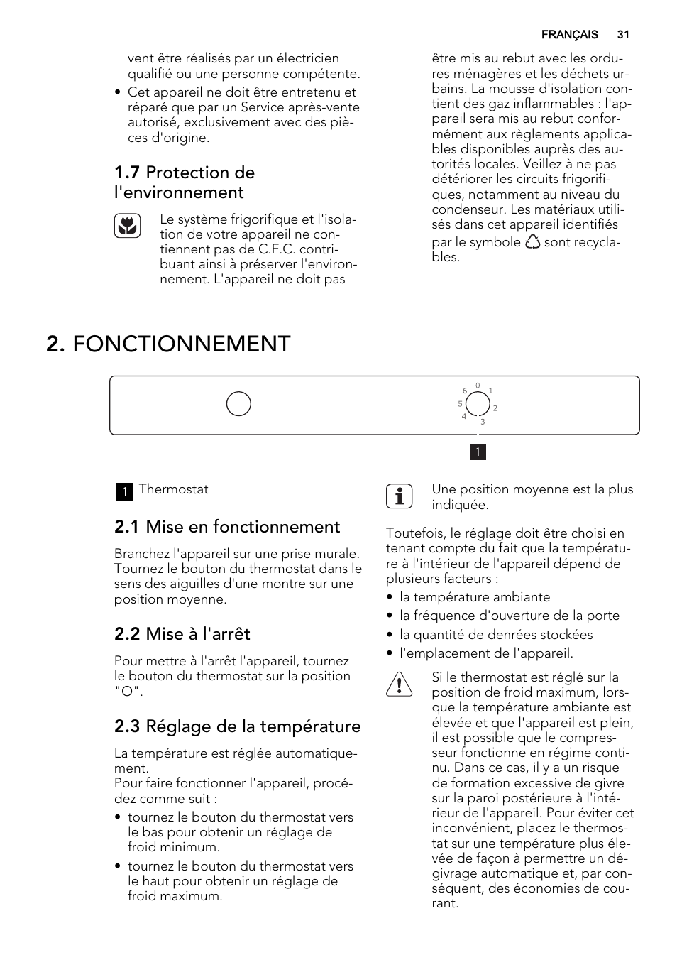 Fonctionnement, 7 protection de l'environnement, 1 mise en fonctionnement | 2 mise à l'arrêt, 3 réglage de la température | AEG SKS51240F0 User Manual | Page 31 / 68