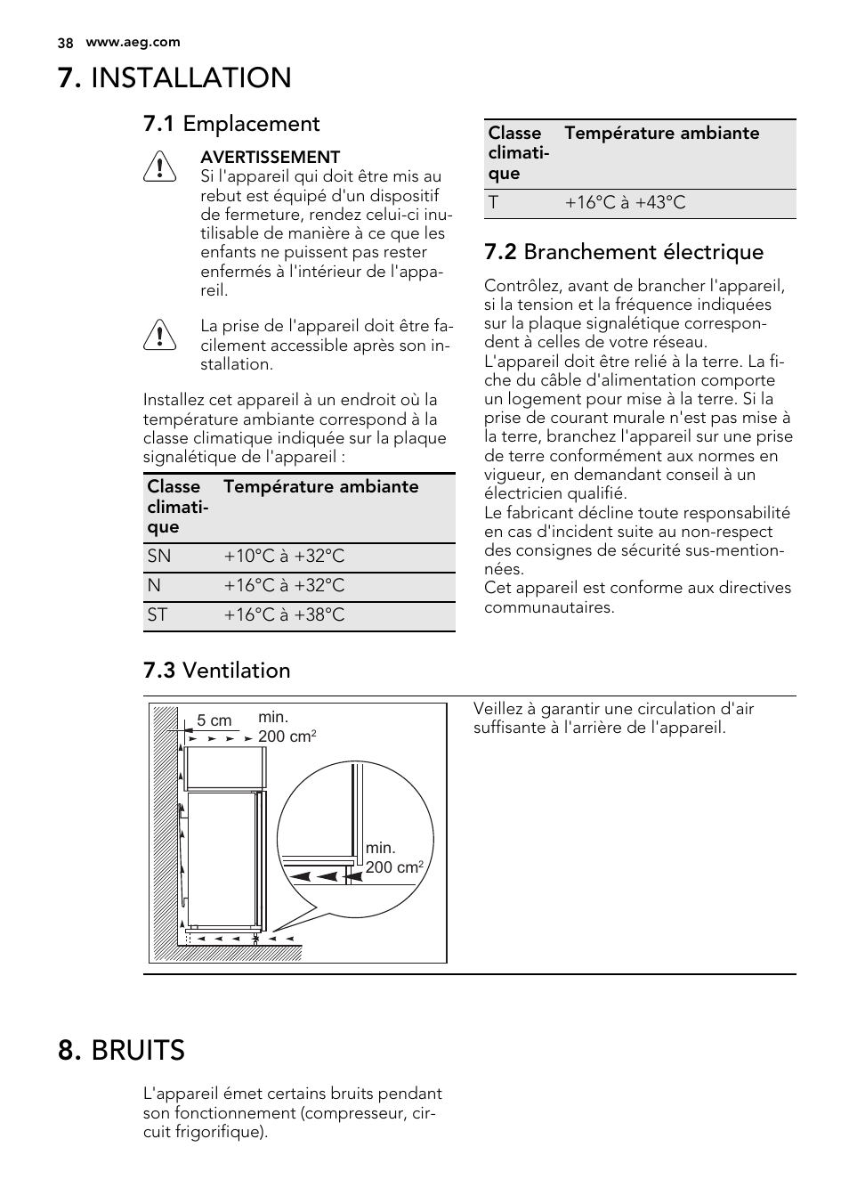 Installation, Bruits, 1 emplacement | 2 branchement électrique, 3 ventilation | AEG SKS51240F0 User Manual | Page 38 / 68