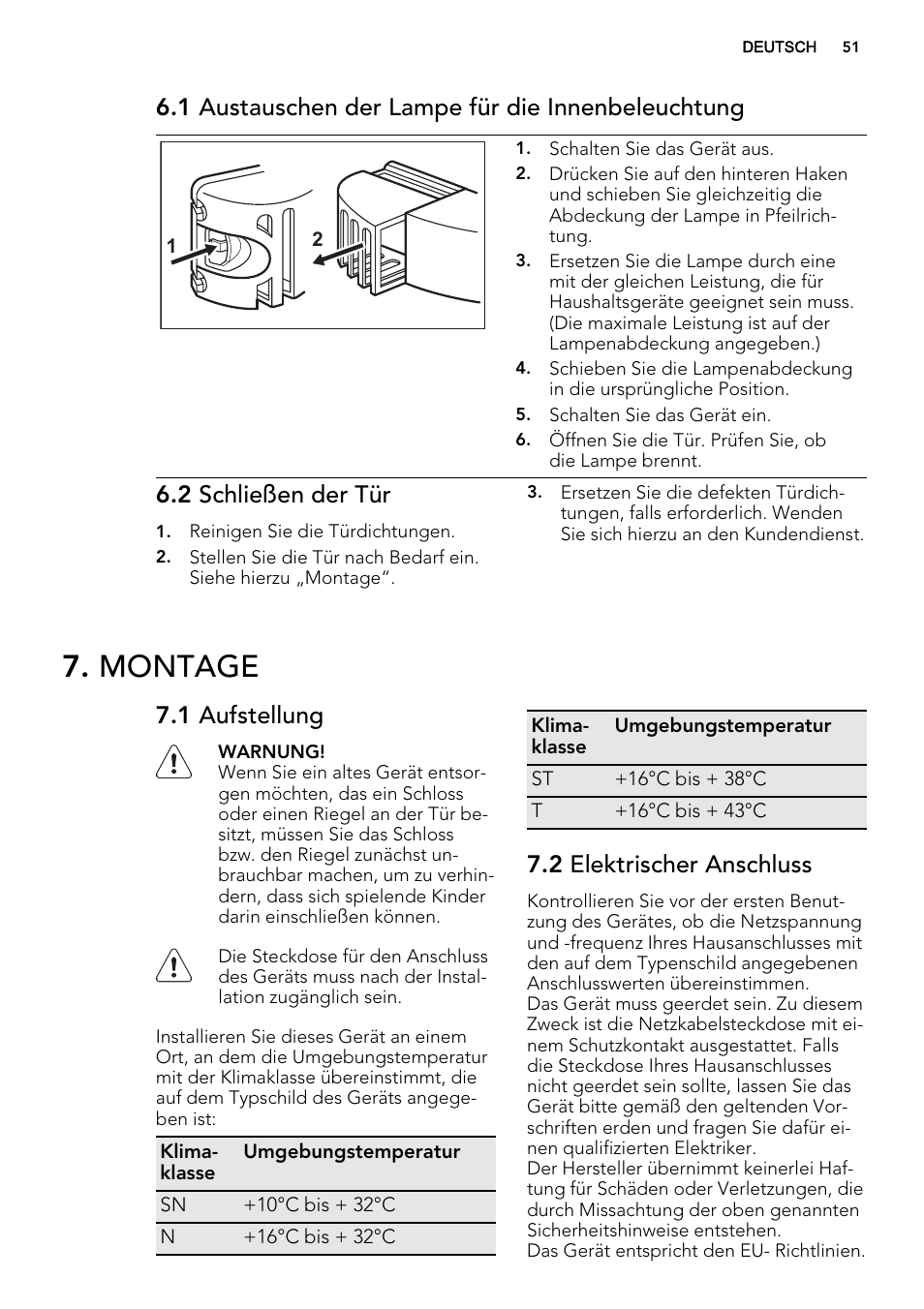 Montage, 1 austauschen der lampe für die innenbeleuchtung, 2 schließen der tür | 1 aufstellung, 2 elektrischer anschluss | AEG SKS51240F0 User Manual | Page 51 / 68