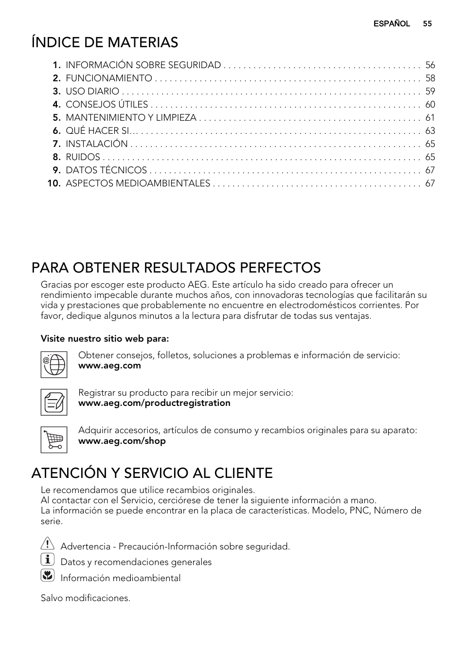 Índice de materias, Para obtener resultados perfectos, Atención y servicio al cliente | AEG SKS51240F0 User Manual | Page 55 / 68