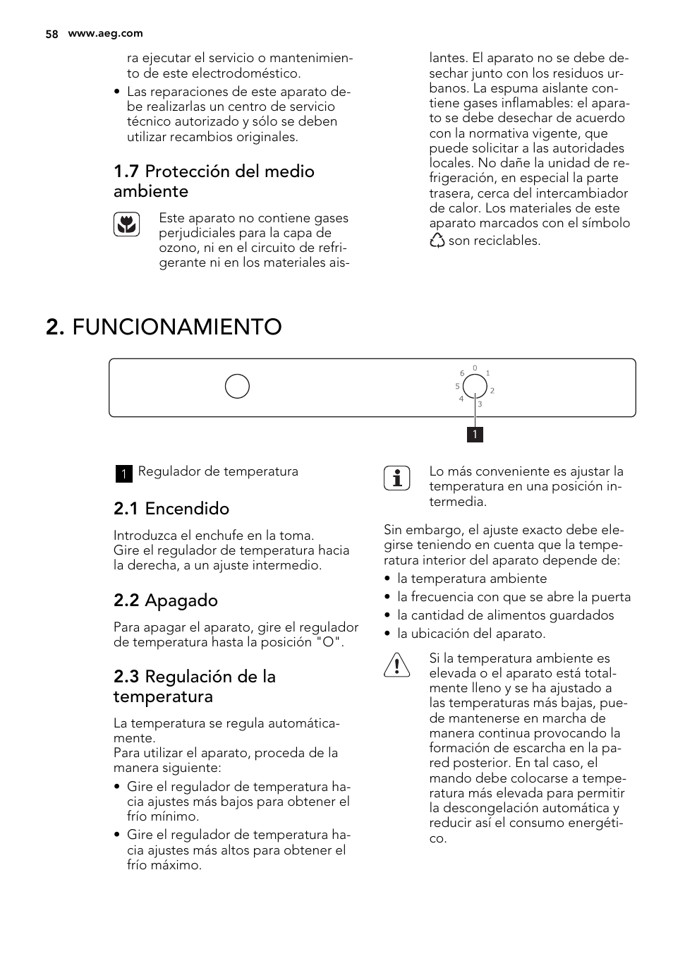 Funcionamiento, 7 protección del medio ambiente, 1 encendido | 2 apagado, 3 regulación de la temperatura | AEG SKS51240F0 User Manual | Page 58 / 68