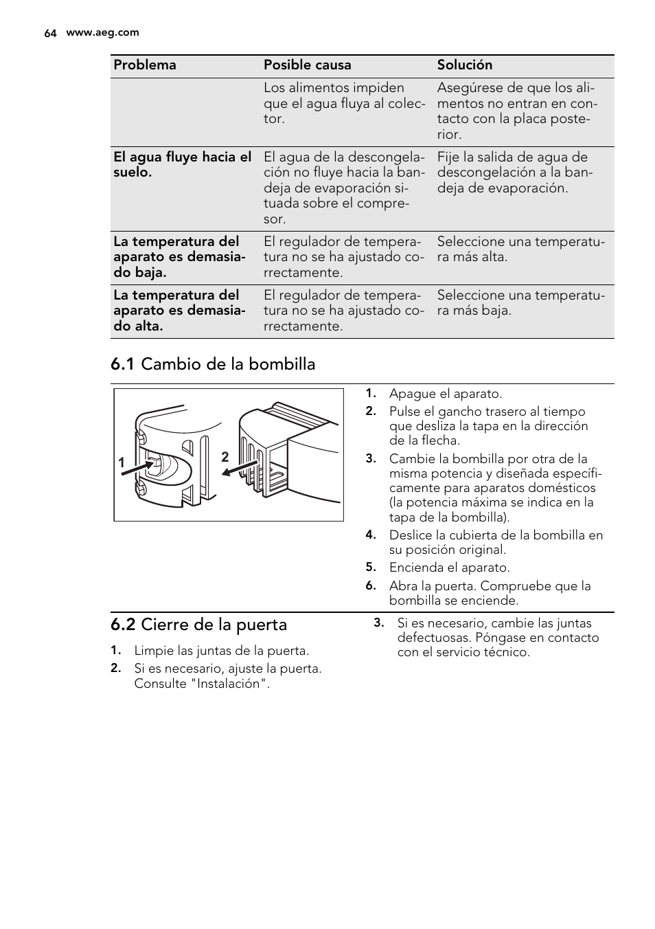 1 cambio de la bombilla, 2 cierre de la puerta | AEG SKS51240F0 User Manual | Page 64 / 68