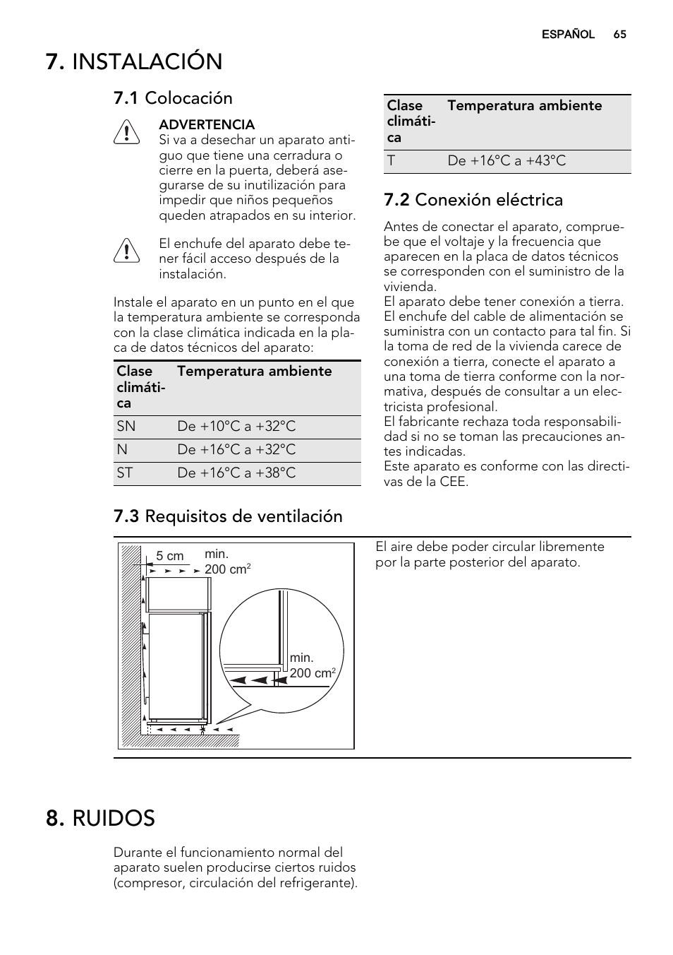Instalación, Ruidos, 1 colocación | 2 conexión eléctrica, 3 requisitos de ventilación | AEG SKS51240F0 User Manual | Page 65 / 68