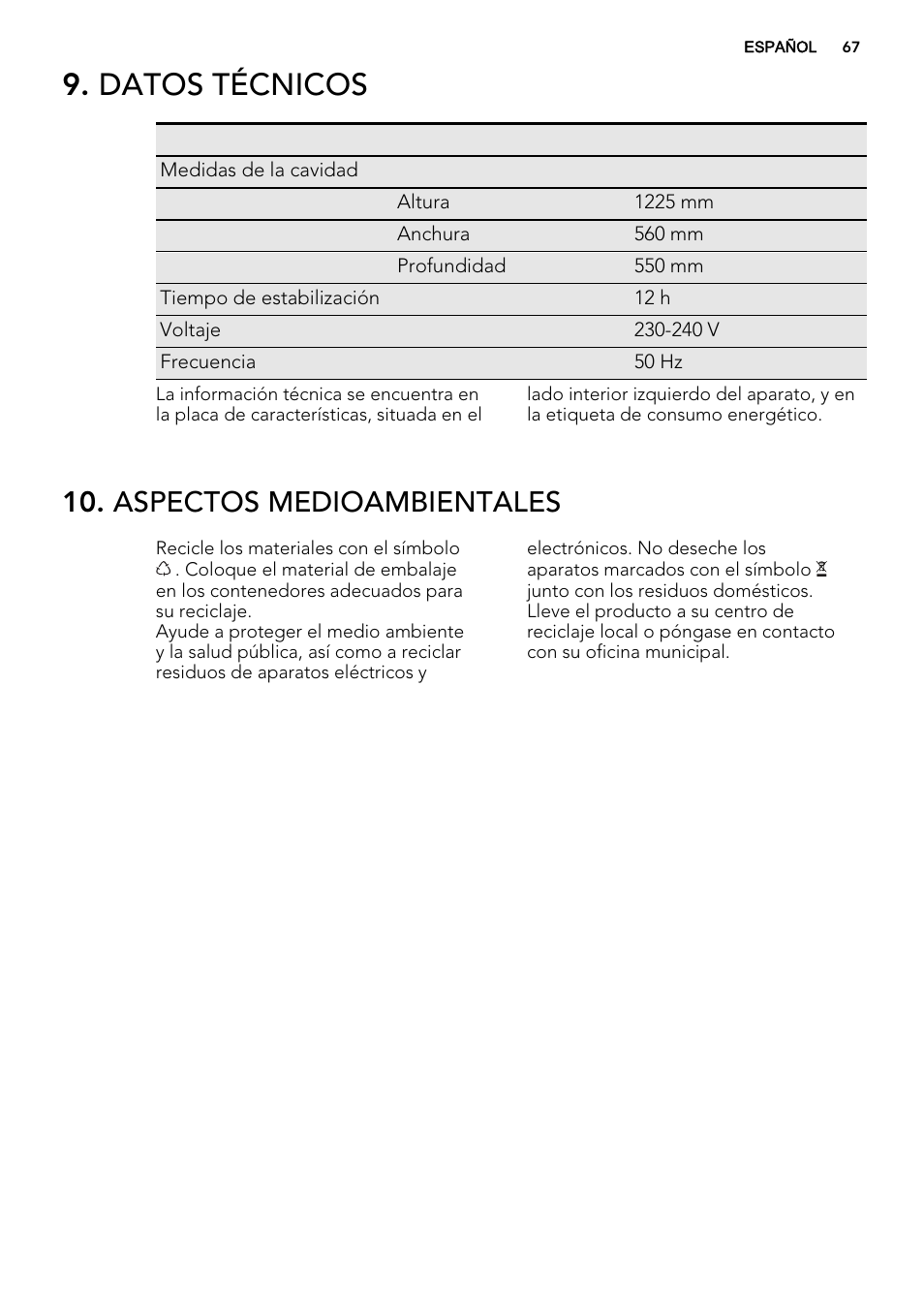 Datos técnicos, Aspectos medioambientales | AEG SKS51240F0 User Manual | Page 67 / 68