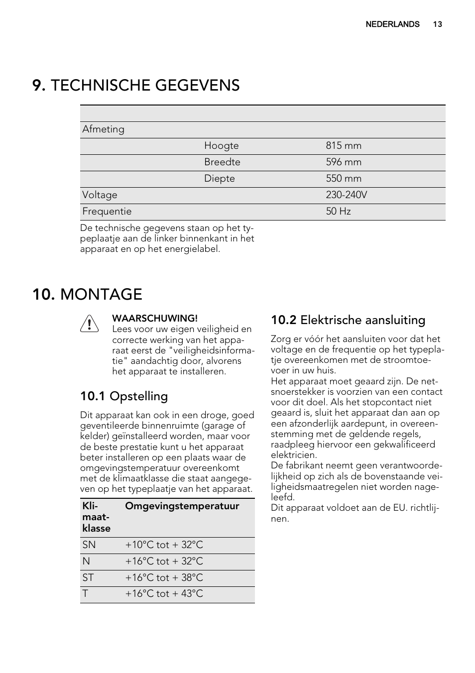 Technische gegevens, Montage, 1 opstelling | 2 elektrische aansluiting | AEG SKS58200F0 User Manual | Page 13 / 60