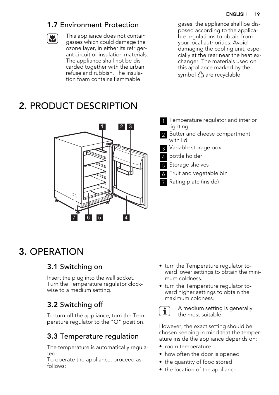 Product description, Operation, 7 environment protection | 1 switching on, 2 switching off, 3 temperature regulation | AEG SKS58200F0 User Manual | Page 19 / 60