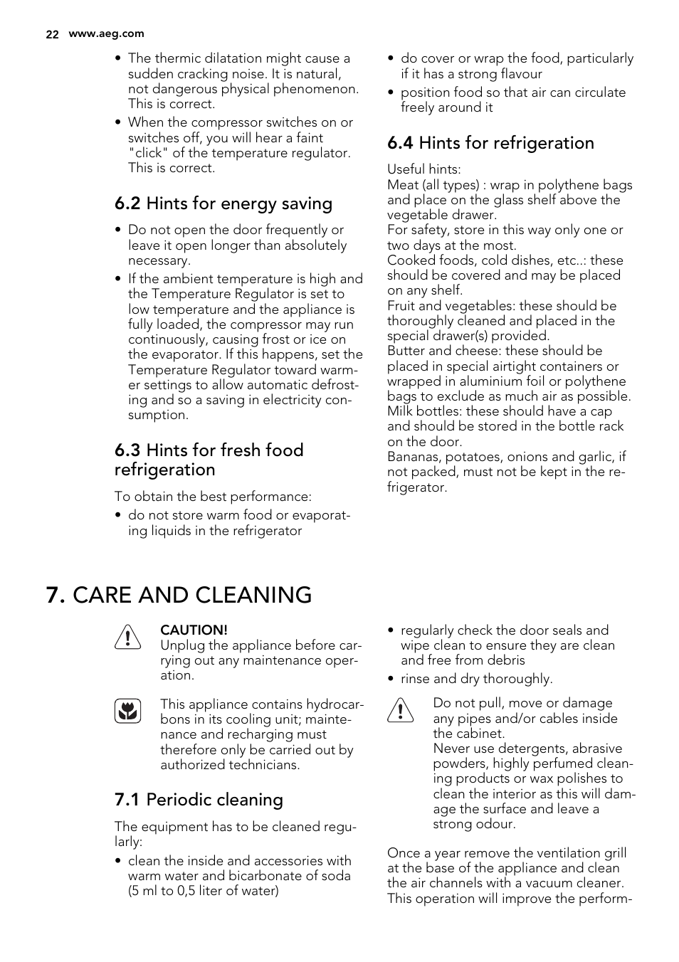 Care and cleaning, 2 hints for energy saving, 3 hints for fresh food refrigeration | 4 hints for refrigeration, 1 periodic cleaning | AEG SKS58200F0 User Manual | Page 22 / 60