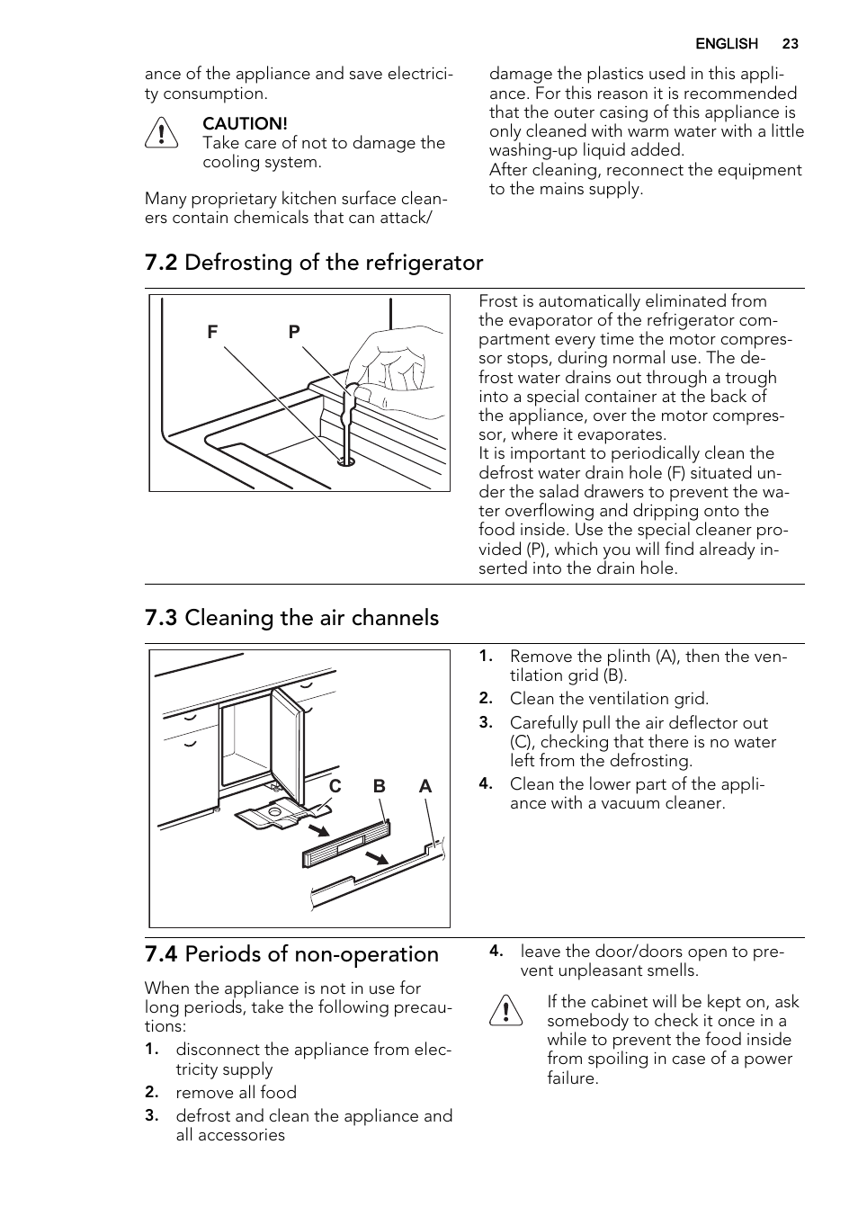 2 defrosting of the refrigerator, 3 cleaning the air channels, 4 periods of non-operation | AEG SKS58200F0 User Manual | Page 23 / 60