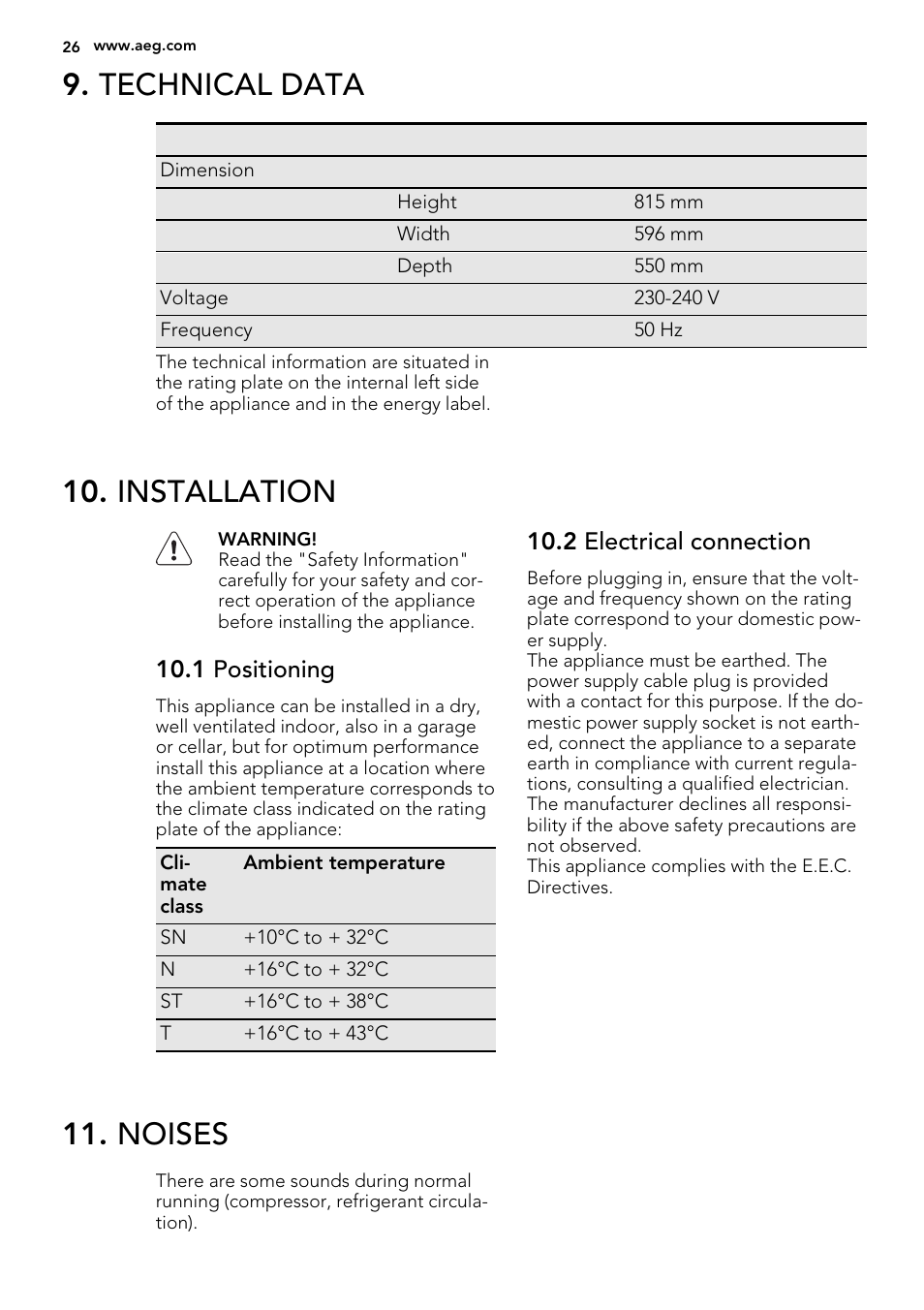 Technical data, Installation, Noises | AEG SKS58200F0 User Manual | Page 26 / 60