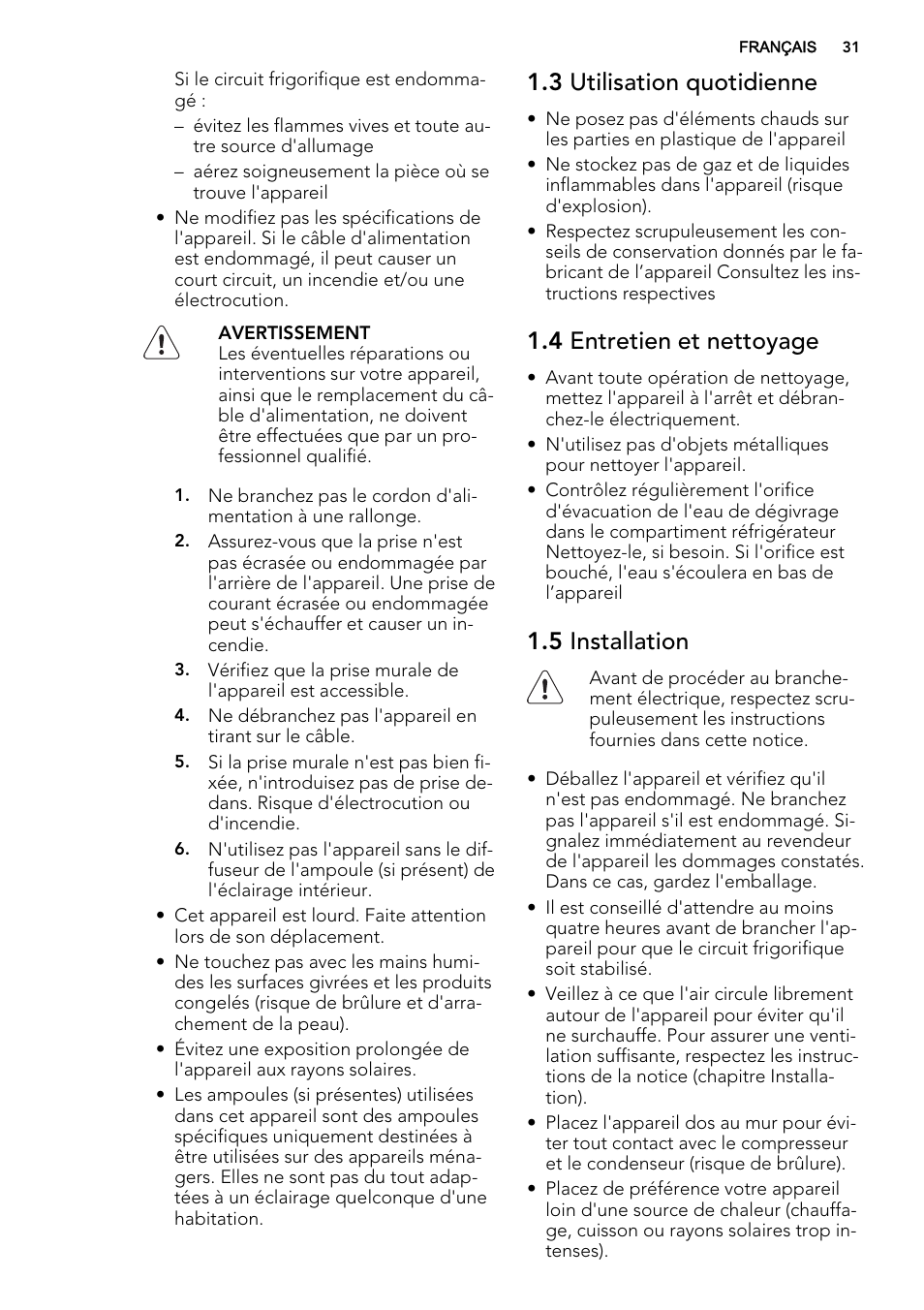 3 utilisation quotidienne, 4 entretien et nettoyage, 5 installation | AEG SKS58200F0 User Manual | Page 31 / 60