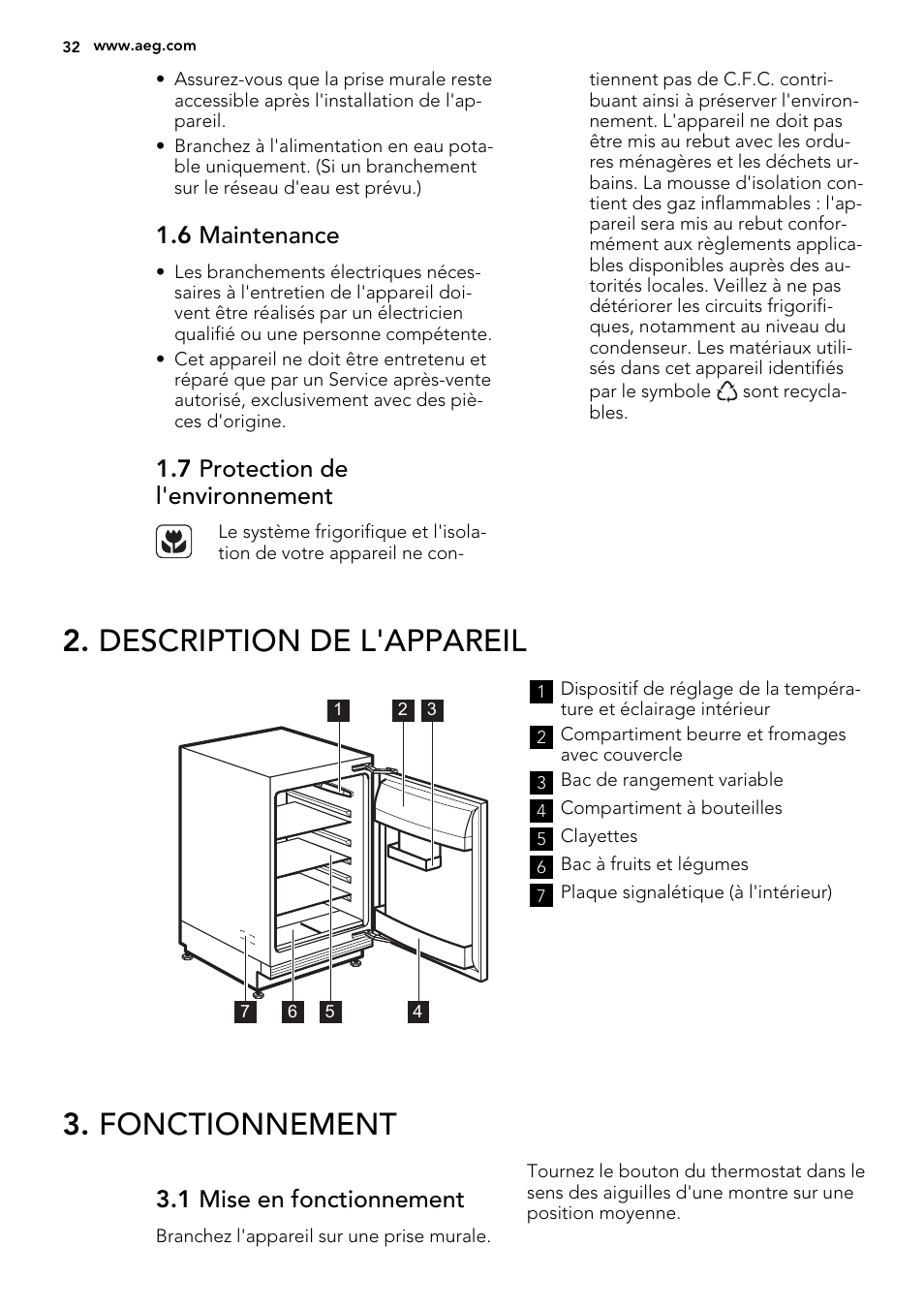 Description de l'appareil, Fonctionnement, 6 maintenance | 7 protection de l'environnement, 1 mise en fonctionnement | AEG SKS58200F0 User Manual | Page 32 / 60