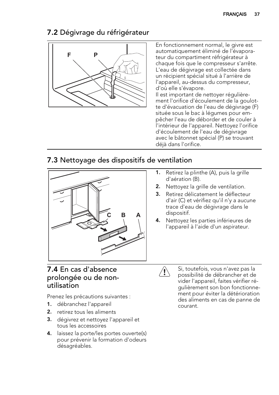 2 dégivrage du réfrigérateur, 3 nettoyage des dispositifs de ventilation | AEG SKS58200F0 User Manual | Page 37 / 60